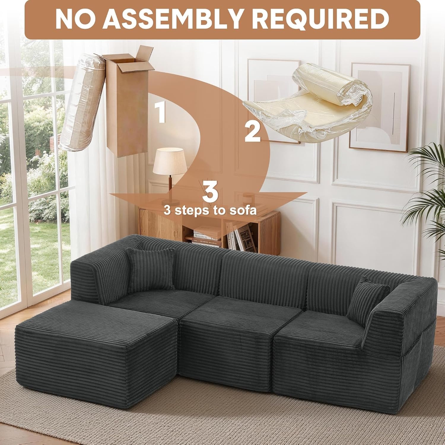 image:imageKorser 100 LShaped Boneless Couches with Chaise Modular Sectional Sofa with Deep Seat Cloud Sectional Couch for Living Room Bedroom No Assembly Required Side Pockets Memory Foam GreyGrey