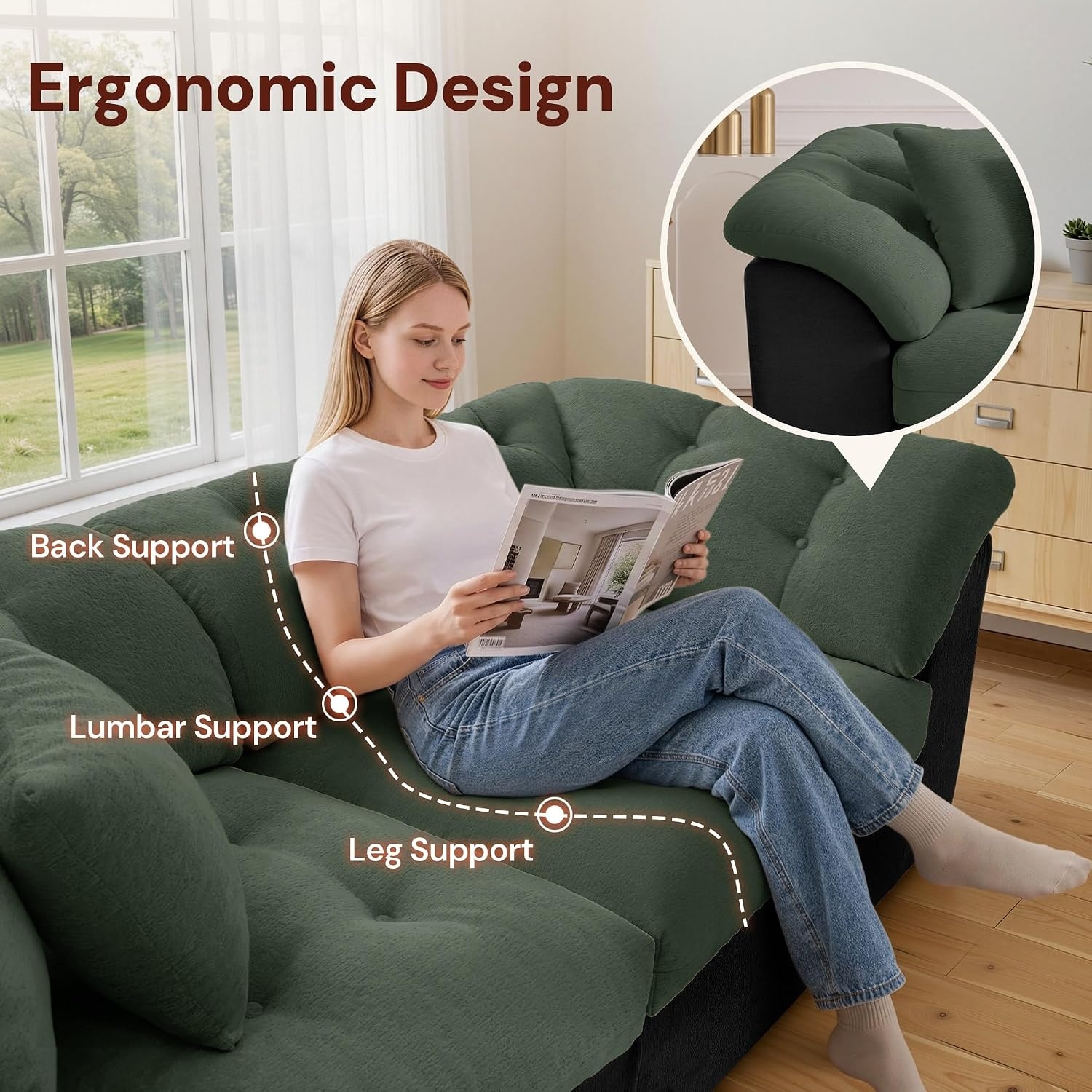 image:imageKorser 104 Loveseat Sofa Cloud Boneless Couches for Living Room Oversized Modular Sectional Sofa with Deep Seats Comfy 2 Seater Sofa Bed with 4 Pillows Cut Pile Fabric Beige amp BlackGreen Black