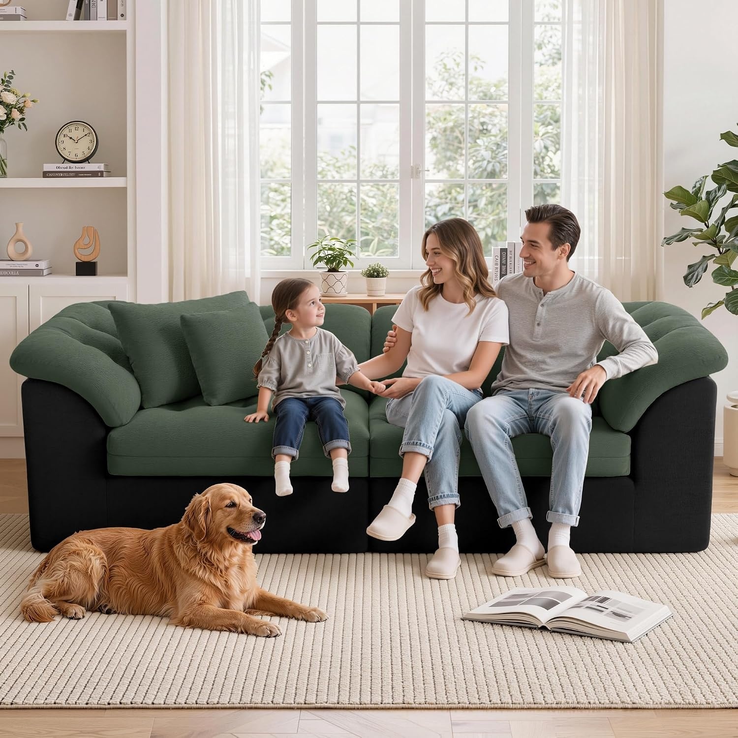 image:imageKorser 104 Loveseat Sofa Cloud Boneless Couches for Living Room Oversized Modular Sectional Sofa with Deep Seats Comfy 2 Seater Sofa Bed with 4 Pillows Cut Pile Fabric Beige amp BlackGreen Black
