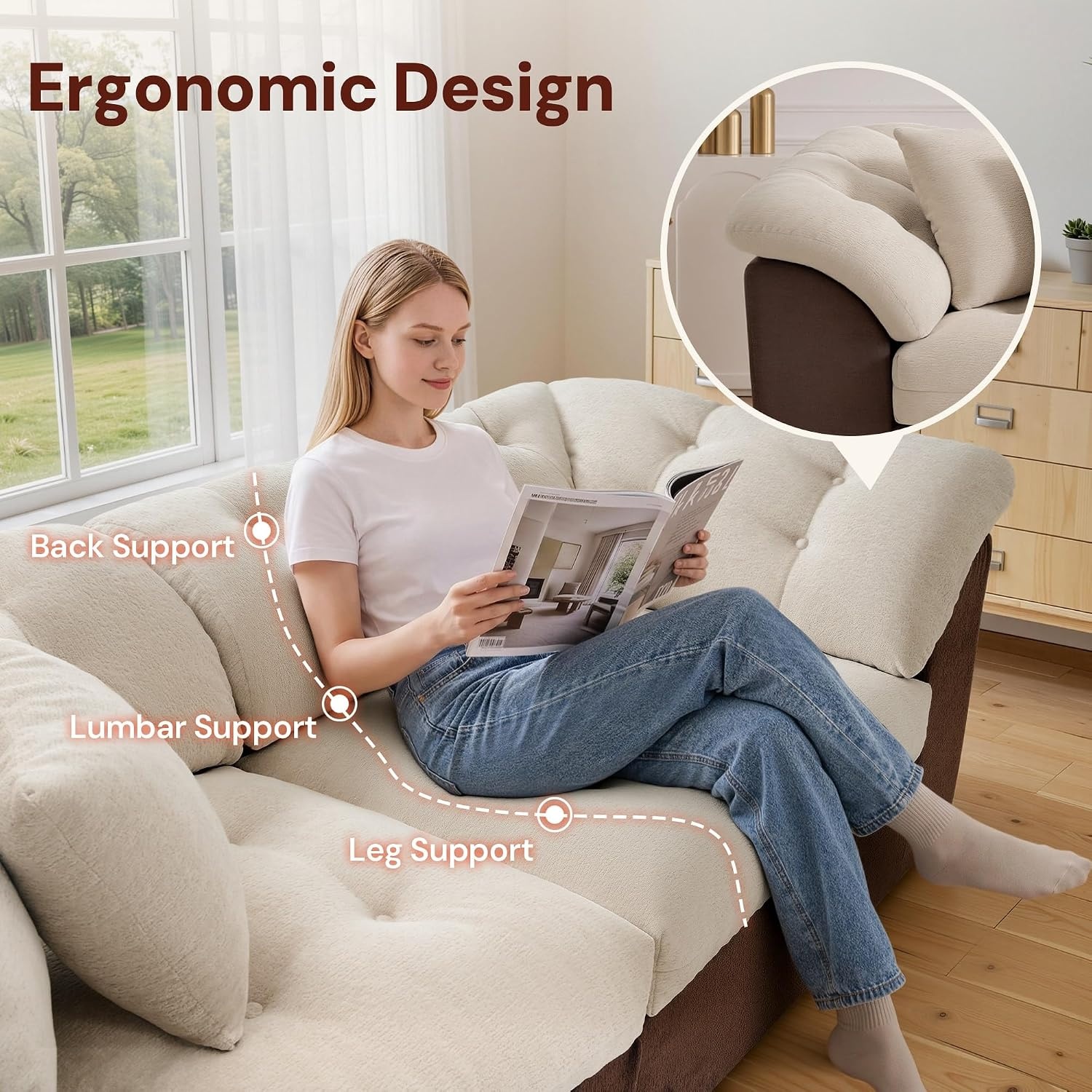 image:imageKorser 104 Loveseat Sofa Cloud Boneless Couches for Living Room Oversized Modular Sectional Sofa with Deep Seats Comfy 2 Seater Sofa Bed with 4 Pillows Cut Pile Fabric Beige amp BlackKhaki Brown