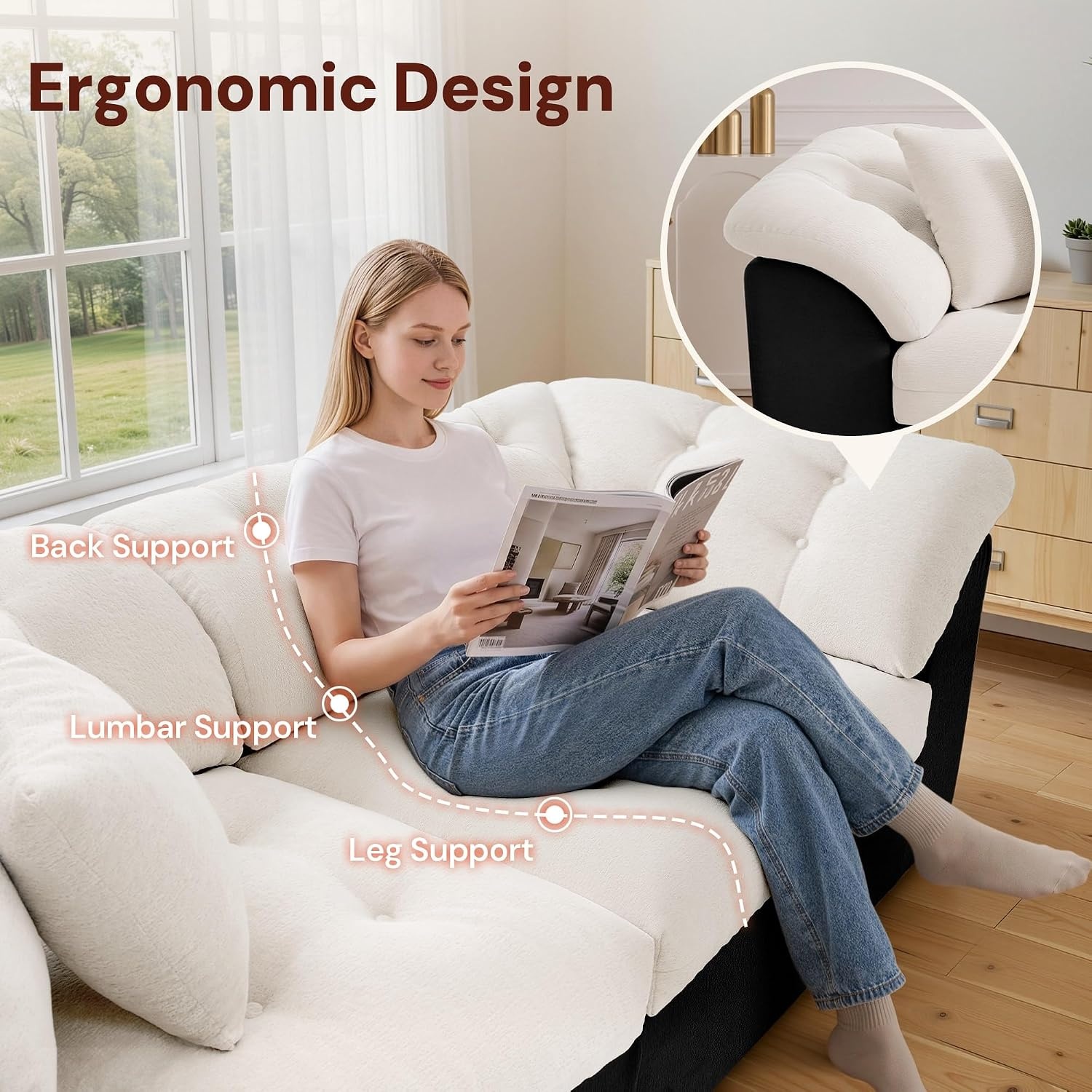 image:imageKorser 104 Loveseat Sofa Cloud Boneless Couches for Living Room Oversized Modular Sectional Sofa with Deep Seats Comfy 2 Seater Sofa Bed with 4 Pillows Cut Pile Fabric Beige amp BlackBeige Black