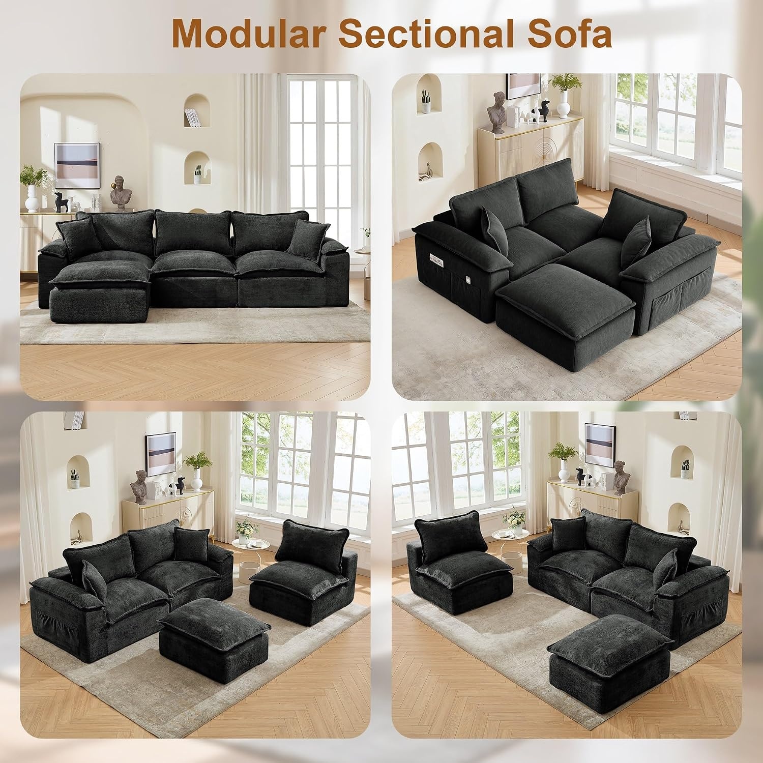 image:imageKorser 108 Sectional Couches for Living Room Modular Boneless Couch with Deep Seat amp Fluffy Cushion Cozy DoubleLayer Cushioned Sofa with Convertible Ottoman Comfy Cloud Sofa No Assembly RequiredGrey