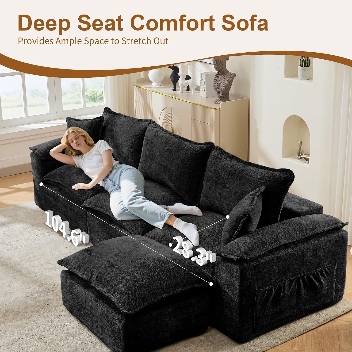 image:imageKorser 108 Sectional Couches for Living Room Modular Boneless Couch with Deep Seat amp Fluffy Cushion Cozy DoubleLayer Cushioned Sofa with Convertible Ottoman Comfy Cloud Sofa No Assembly RequiredDull Black
