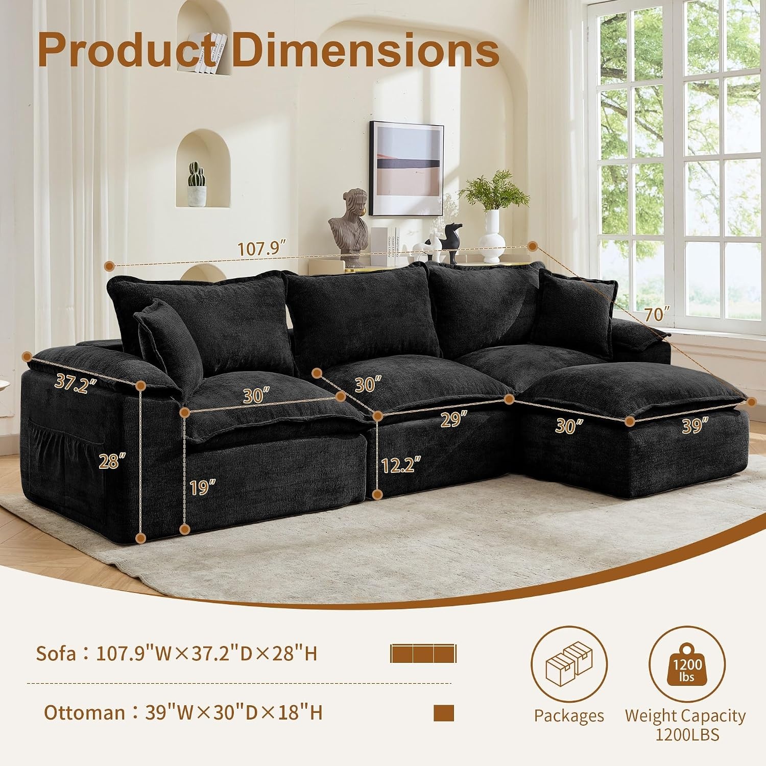 image:imageKorser 108 Sectional Couches for Living Room Modular Boneless Couch with Deep Seat amp Fluffy Cushion Cozy DoubleLayer Cushioned Sofa with Convertible Ottoman Comfy Cloud Sofa No Assembly RequiredDull Black