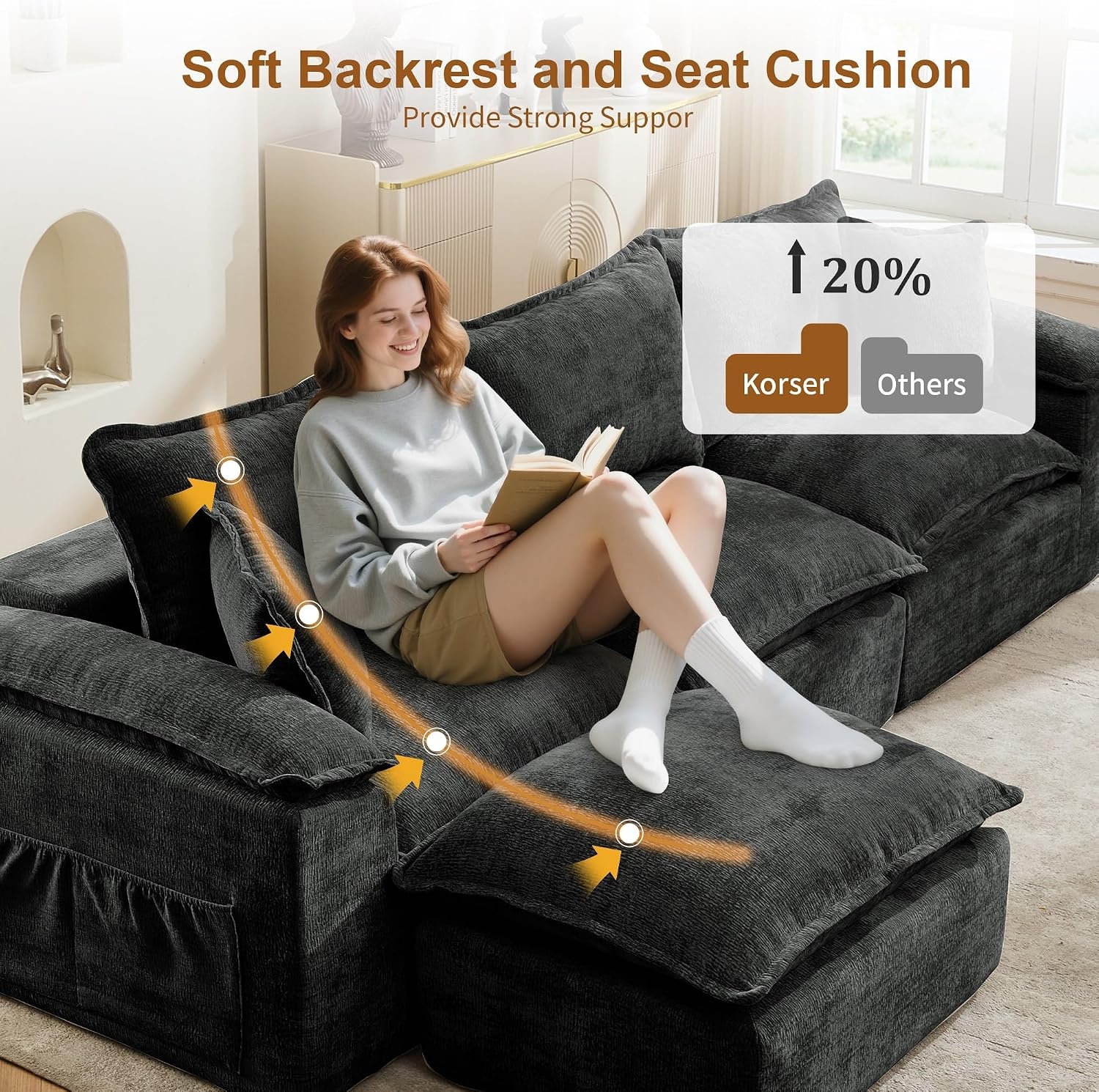 image:imageKorser 108 Sectional Couches for Living Room Modular Boneless Couch with Deep Seat amp Fluffy Cushion Cozy DoubleLayer Cushioned Sofa with Convertible Ottoman Comfy Cloud Sofa No Assembly RequiredGrey