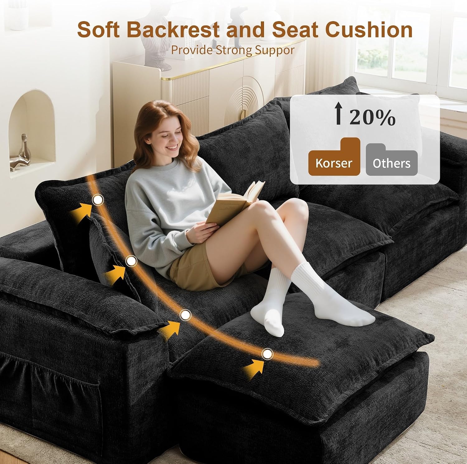 image:imageKorser 108 Sectional Couches for Living Room Modular Boneless Couch with Deep Seat amp Fluffy Cushion Cozy DoubleLayer Cushioned Sofa with Convertible Ottoman Comfy Cloud Sofa No Assembly RequiredDull Black