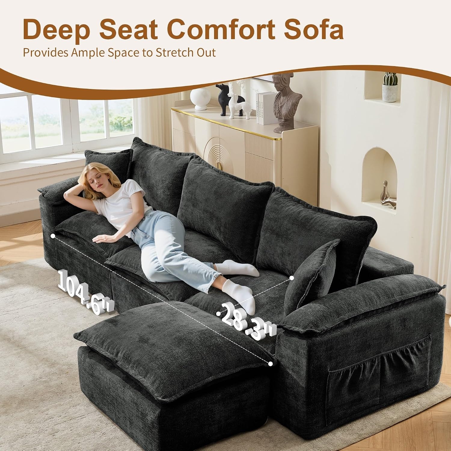 image:imageKorser 108 Sectional Couches for Living Room Modular Boneless Couch with Deep Seat amp Fluffy Cushion Cozy DoubleLayer Cushioned Sofa with Convertible Ottoman Comfy Cloud Sofa No Assembly RequiredGrey