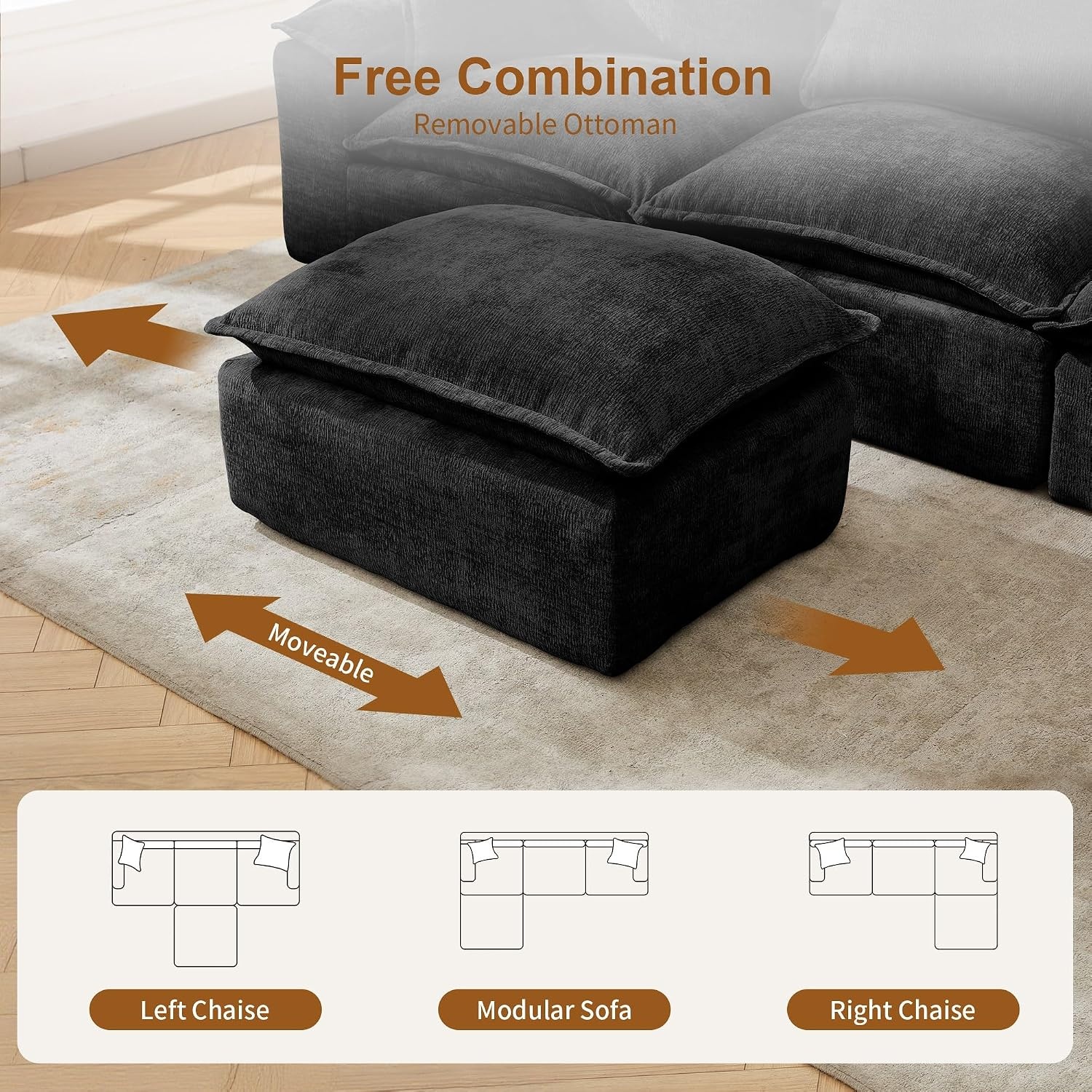 image:imageKorser 108 Sectional Couches for Living Room Modular Boneless Couch with Deep Seat amp Fluffy Cushion Cozy DoubleLayer Cushioned Sofa with Convertible Ottoman Comfy Cloud Sofa No Assembly RequiredDull Black