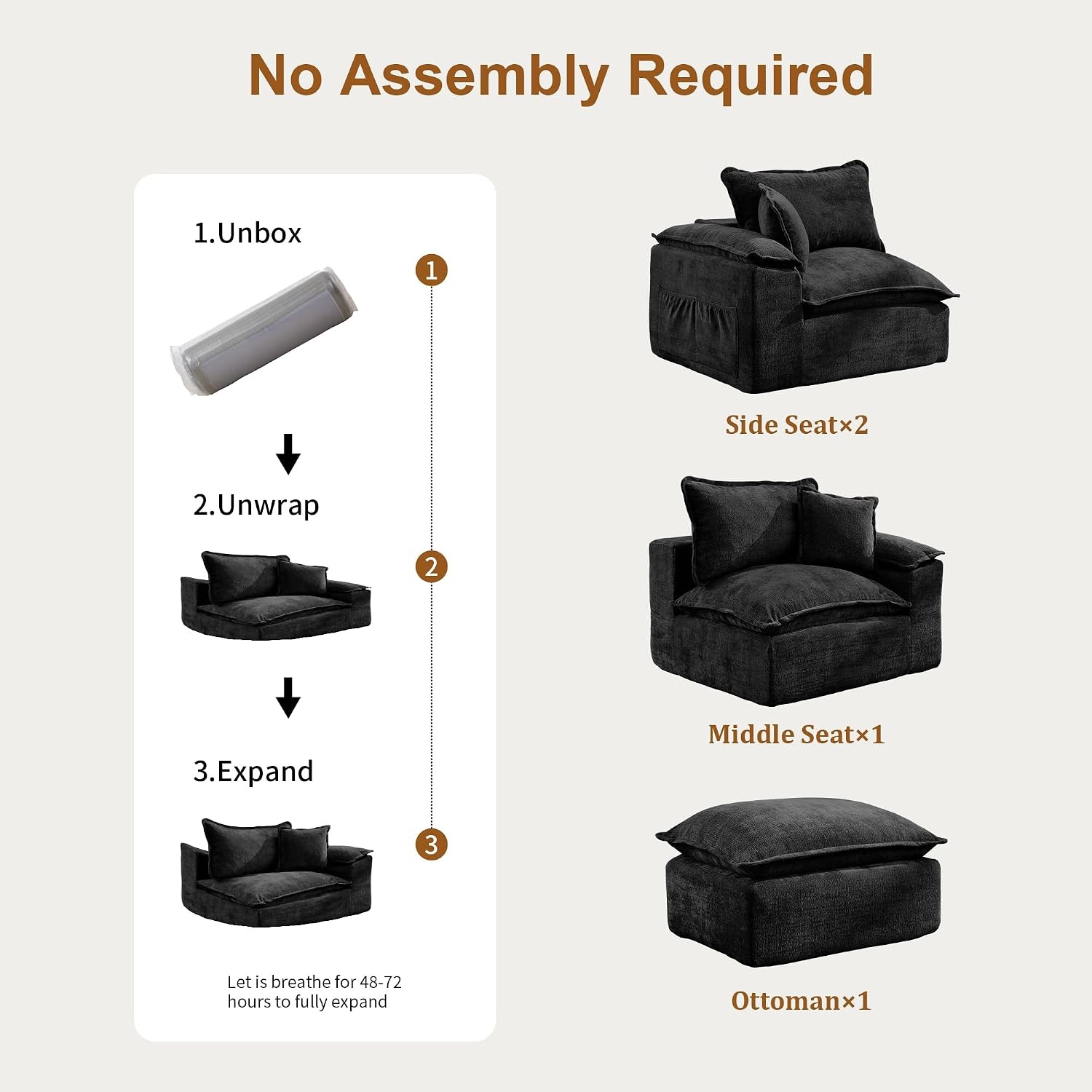 image:imageKorser 108 Sectional Couches for Living Room Modular Boneless Couch with Deep Seat amp Fluffy Cushion Cozy DoubleLayer Cushioned Sofa with Convertible Ottoman Comfy Cloud Sofa No Assembly RequiredDull Black
