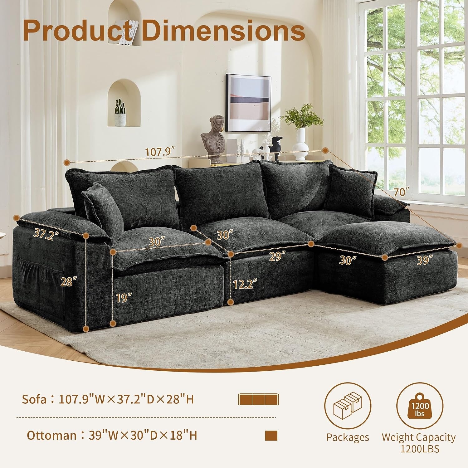 image:imageKorser 108 Sectional Couches for Living Room Modular Boneless Couch with Deep Seat amp Fluffy Cushion Cozy DoubleLayer Cushioned Sofa with Convertible Ottoman Comfy Cloud Sofa No Assembly RequiredGrey