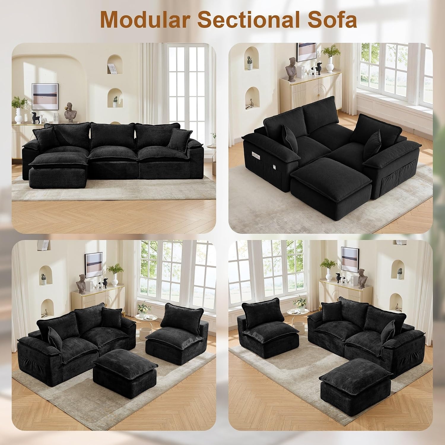 image:imageKorser 108 Sectional Couches for Living Room Modular Boneless Couch with Deep Seat amp Fluffy Cushion Cozy DoubleLayer Cushioned Sofa with Convertible Ottoman Comfy Cloud Sofa No Assembly RequiredDull Black
