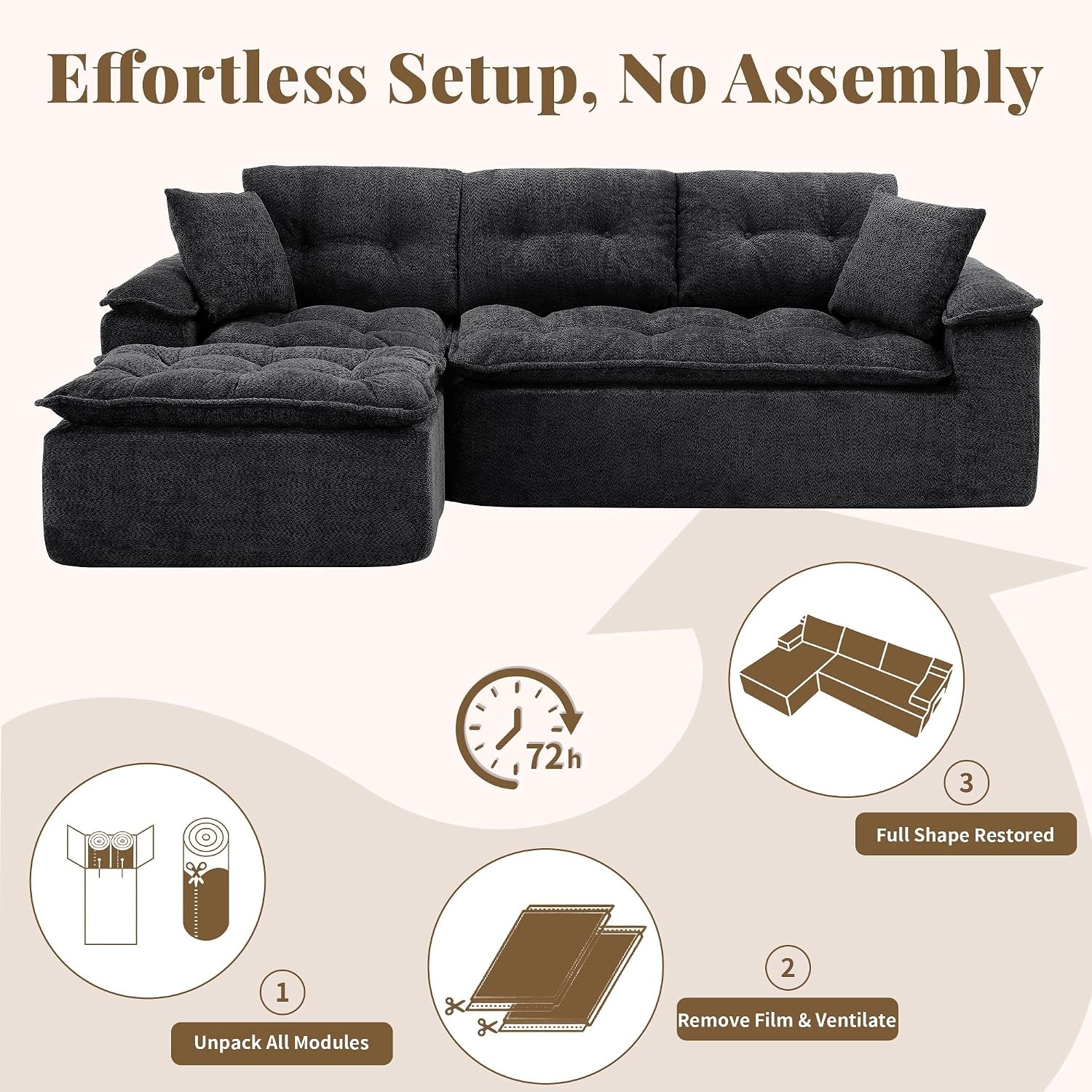 image:imageKorser 110 Cloud Sectional Couch with Ottoman Modern Modular Sectional Sofa with Deep Seat Upholstered Boneless Couch for Living Room L Shaped Sofa with Layered Cushion Beige No AssemblyBlack