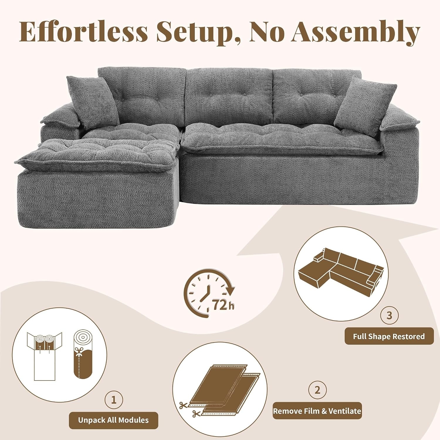 image:imageKorser 110 Cloud Sectional Couch with Ottoman Modern Modular Sectional Sofa with Deep Seat Upholstered Boneless Couch for Living Room L Shaped Sofa with Layered Cushion Beige No AssemblyGrey
