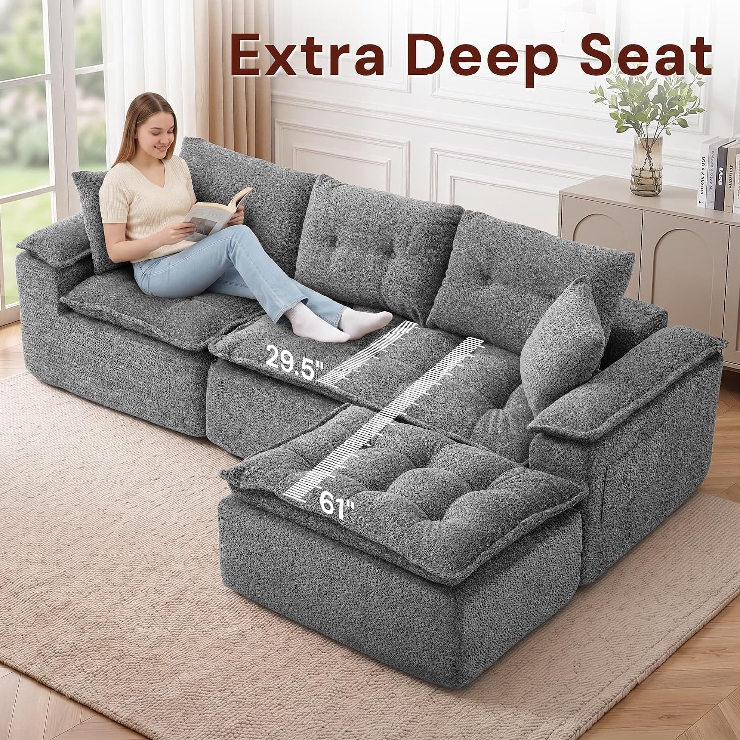 image:imageKorser 110 Cloud Sectional Couches for Living Room Modern Modular Sectional Sofa with Ottoman Boneless Cloud Couch with Comfy Deep Seats Fluffy Chenille LShape Sofa Couch for Living Room BlackGrey