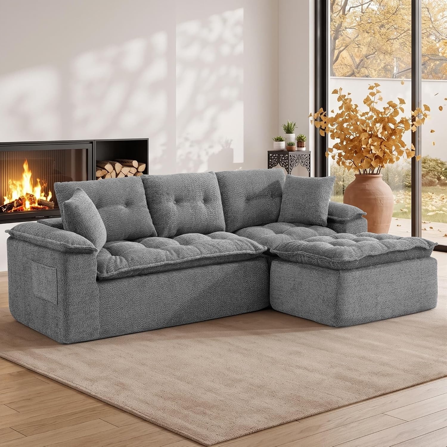 image:imageKorser 110 Cloud Sectional Couches for Living Room Modern Modular Sectional Sofa with Ottoman Boneless Cloud Couch with Comfy Deep Seats Fluffy Chenille LShape Sofa Couch for Living Room BlackGrey
