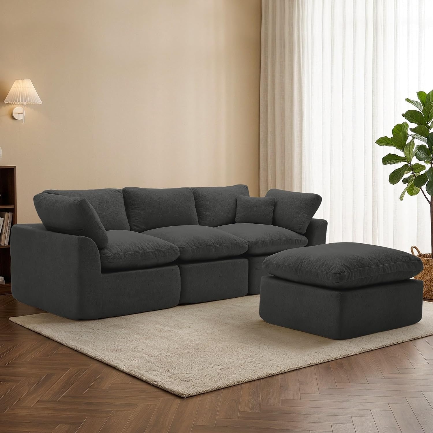 image:imageKorser 110 Cloud Sectional Couches for Living Room Modern Modular Sectional Sofa with Ottoman Boneless Cloud Couch with Comfy Deep Seats Fluffy Chenille LShape Sofa Couch for Living Room BlackGrey