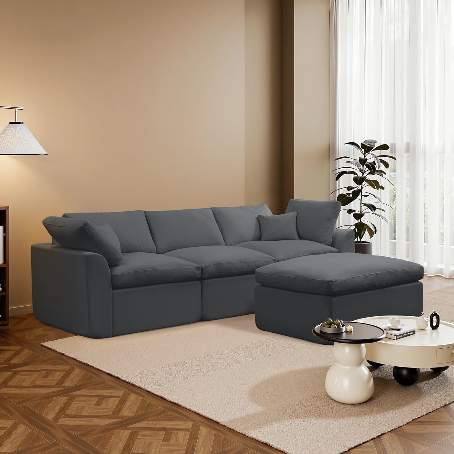 image:imageKorser 110 Cloud Sectional Couches for Living Room Modern Modular Sectional Sofa with Ottoman Boneless Cloud Couch with Comfy Deep Seats Fluffy Chenille LShape Sofa Couch for Living Room BlackDarkgrey