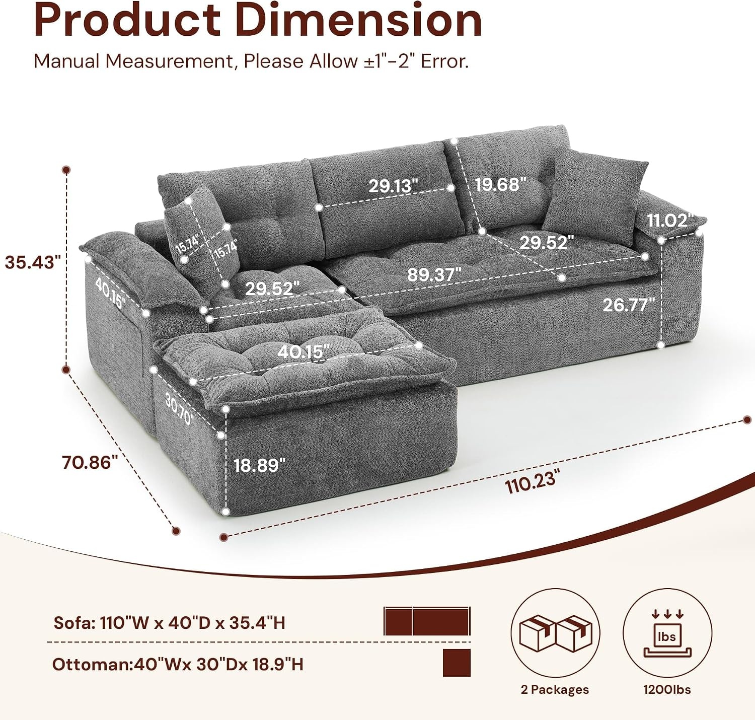 image:imageKorser 110 Cloud Sectional Couches for Living Room Modern Modular Sectional Sofa with Ottoman Boneless Cloud Couch with Comfy Deep Seats Fluffy Chenille LShape Sofa Couch for Living Room BlackGrey