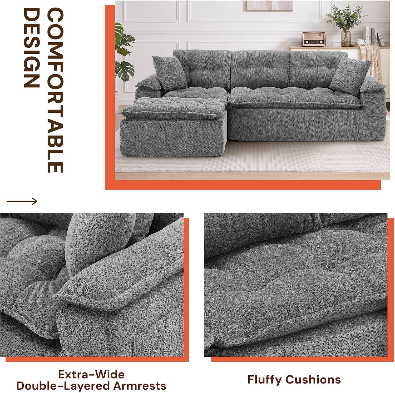 image:imageKorser 110 Cloud Sectional Couches for Living Room Modern Modular Sectional Sofa with Ottoman Boneless Cloud Couch with Comfy Deep Seats Fluffy Chenille LShape Sofa Couch for Living Room BlackGrey