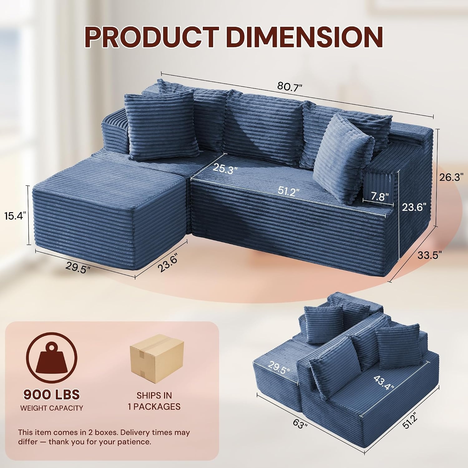 image:imageKorser 110 LShaped Modular Sectional Sofa with Chaise Boneless Comfy Corduroy Fluffy Couch with Deep Seat and Side Pockets Flexible Module Combination for Living Room No Assembly Side PocketsBlue