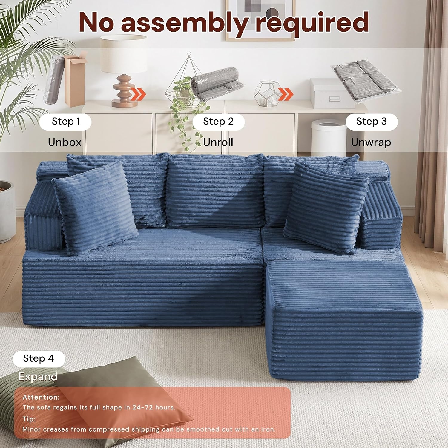 image:imageKorser 110 LShaped Modular Sectional Sofa with Chaise Boneless Comfy Corduroy Fluffy Couch with Deep Seat and Side Pockets Flexible Module Combination for Living Room No Assembly Side PocketsBlue