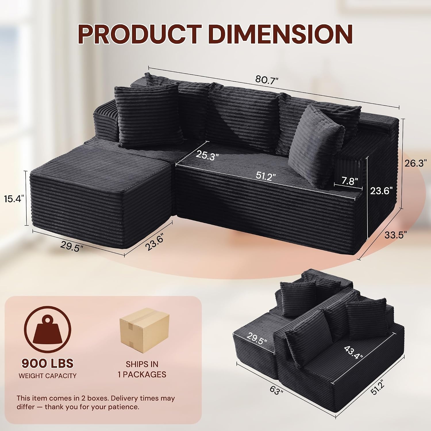 image:imageKorser 110 LShaped Modular Sectional Sofa with Chaise Boneless Comfy Corduroy Fluffy Couch with Deep Seat and Side Pockets Flexible Module Combination for Living Room No Assembly Side PocketsBlack