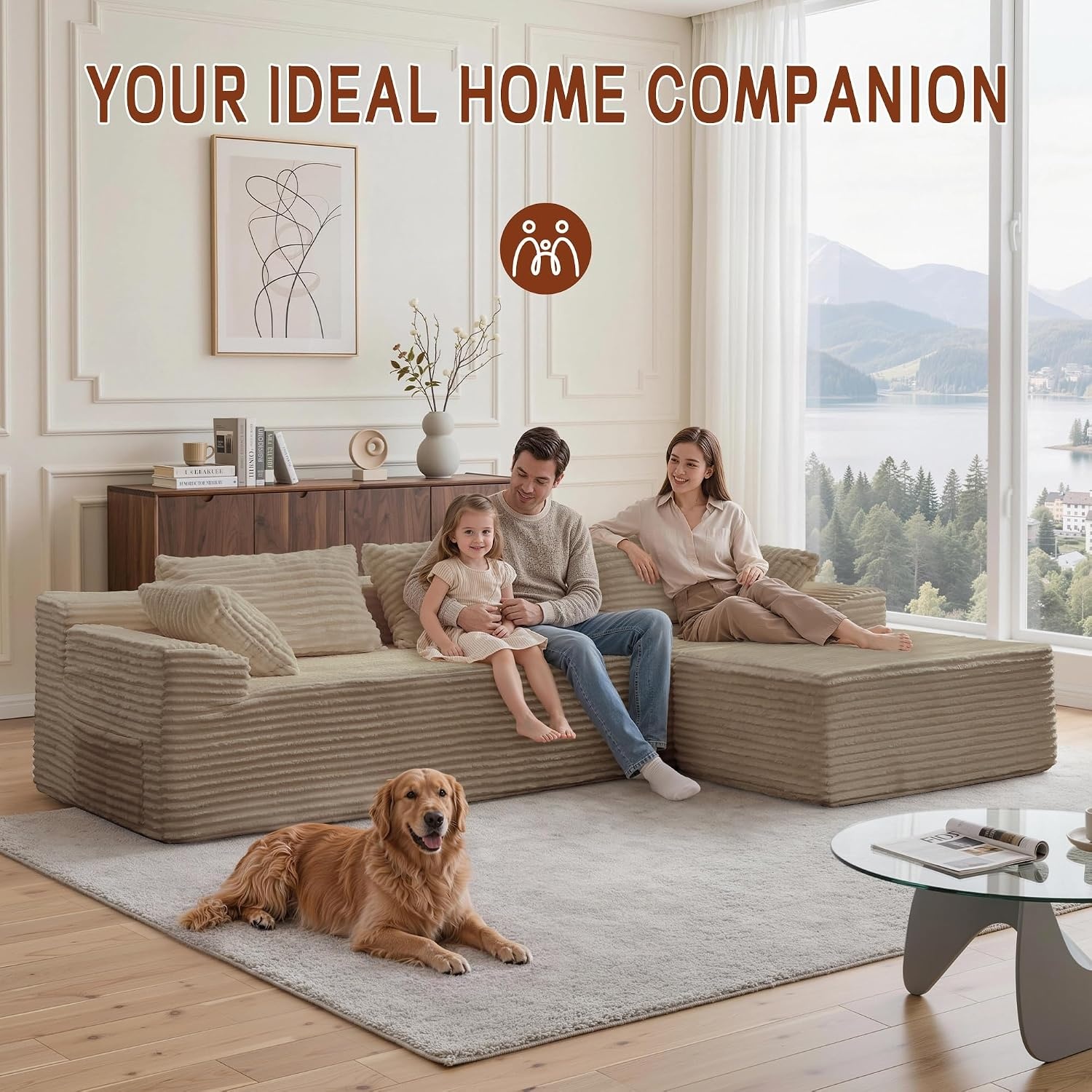 image:imageKorser 110 LShaped Modular Sectional Sofa with Chaise Boneless Comfy Corduroy Fluffy Couch with Deep Seat and Side Pockets Flexible Module Combination for Living Room No Assembly Side PocketsKhaki
