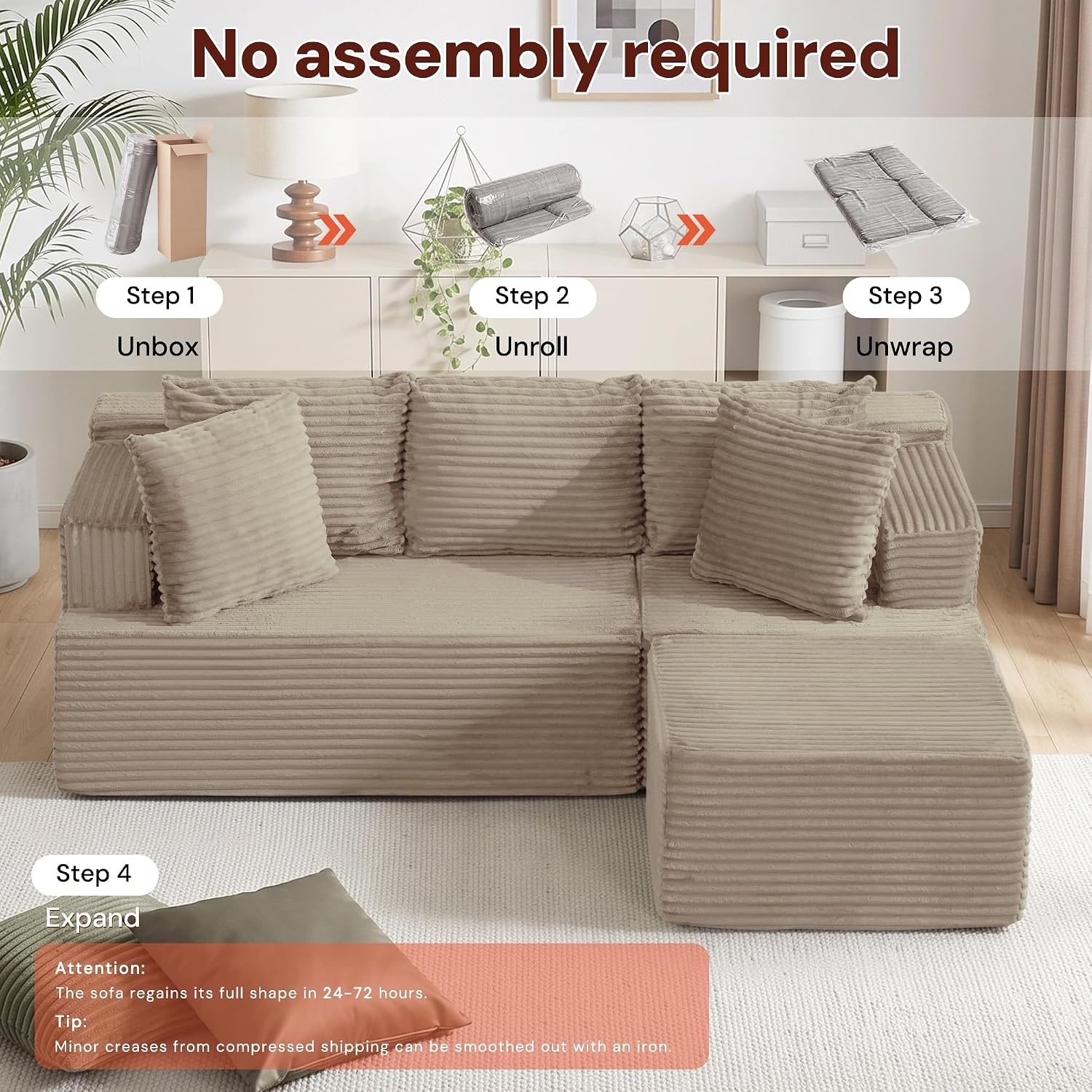 image:imageKorser 110 LShaped Modular Sectional Sofa with Chaise Boneless Comfy Corduroy Fluffy Couch with Deep Seat and Side Pockets Flexible Module Combination for Living Room No Assembly Side PocketsKhaki