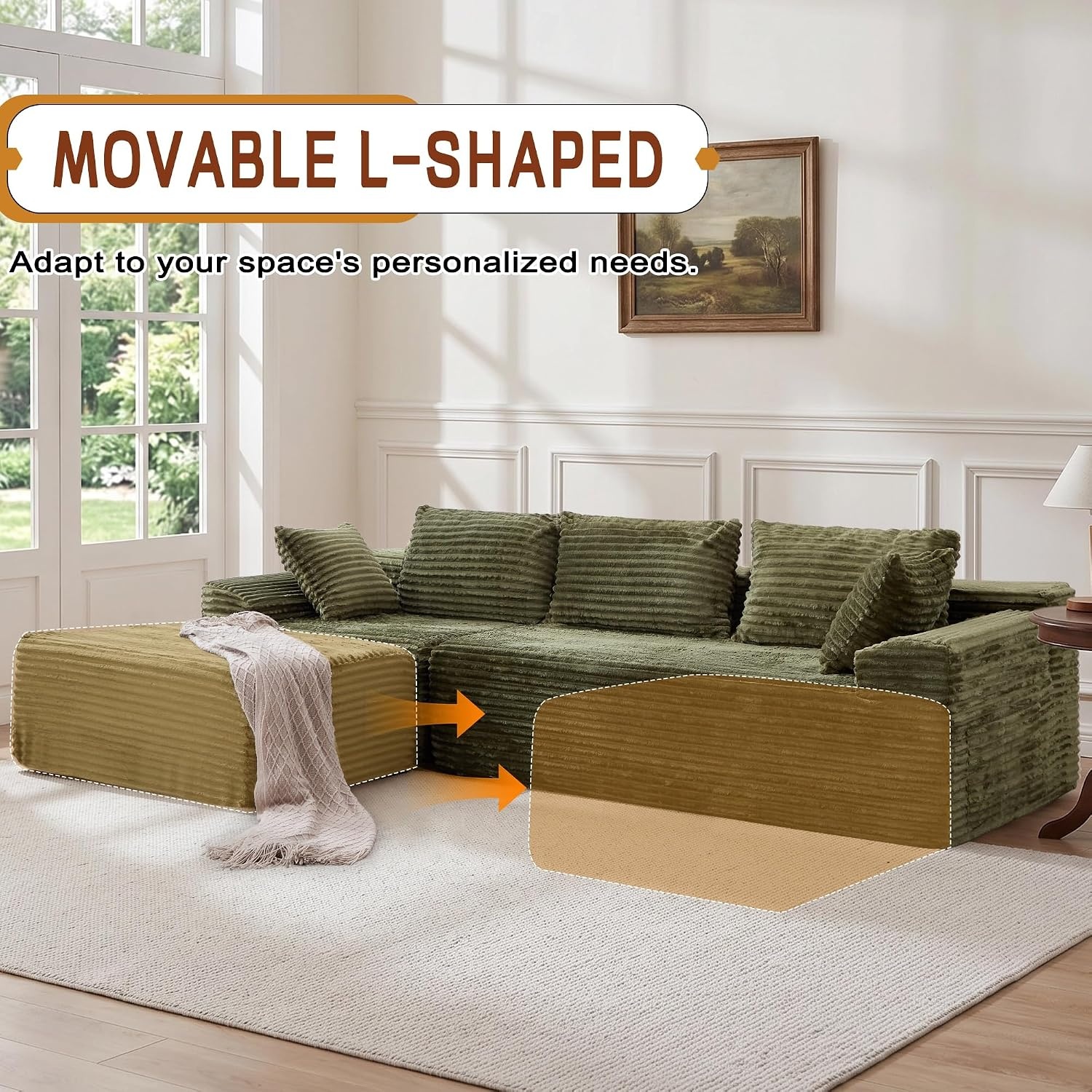 image:imageKorser 110 LShaped Modular Sectional Sofa with Chaise Boneless Comfy Corduroy Fluffy Couch with Deep Seat and Side Pockets Flexible Module Combination for Living Room No Assembly Side PocketsPeacock Green