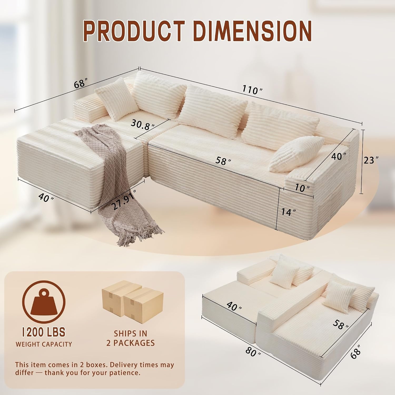 image:imageKorser 110 LShaped Modular Sectional Sofa with Chaise Boneless Comfy Corduroy Fluffy Couch with Deep Seat and Side Pockets Flexible Module Combination for Living Room No Assembly Side PocketsLvory