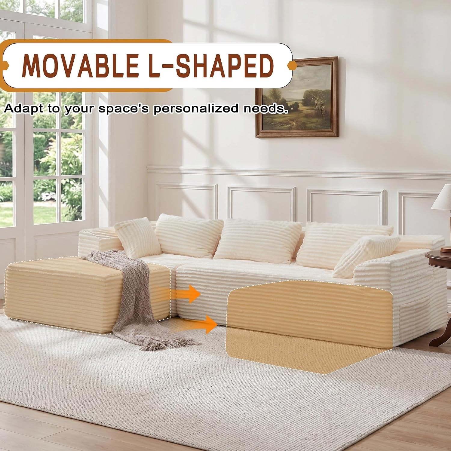 image:imageKorser 110 LShaped Modular Sectional Sofa with Chaise Boneless Comfy Corduroy Fluffy Couch with Deep Seat and Side Pockets Flexible Module Combination for Living Room No Assembly Side PocketsLvory