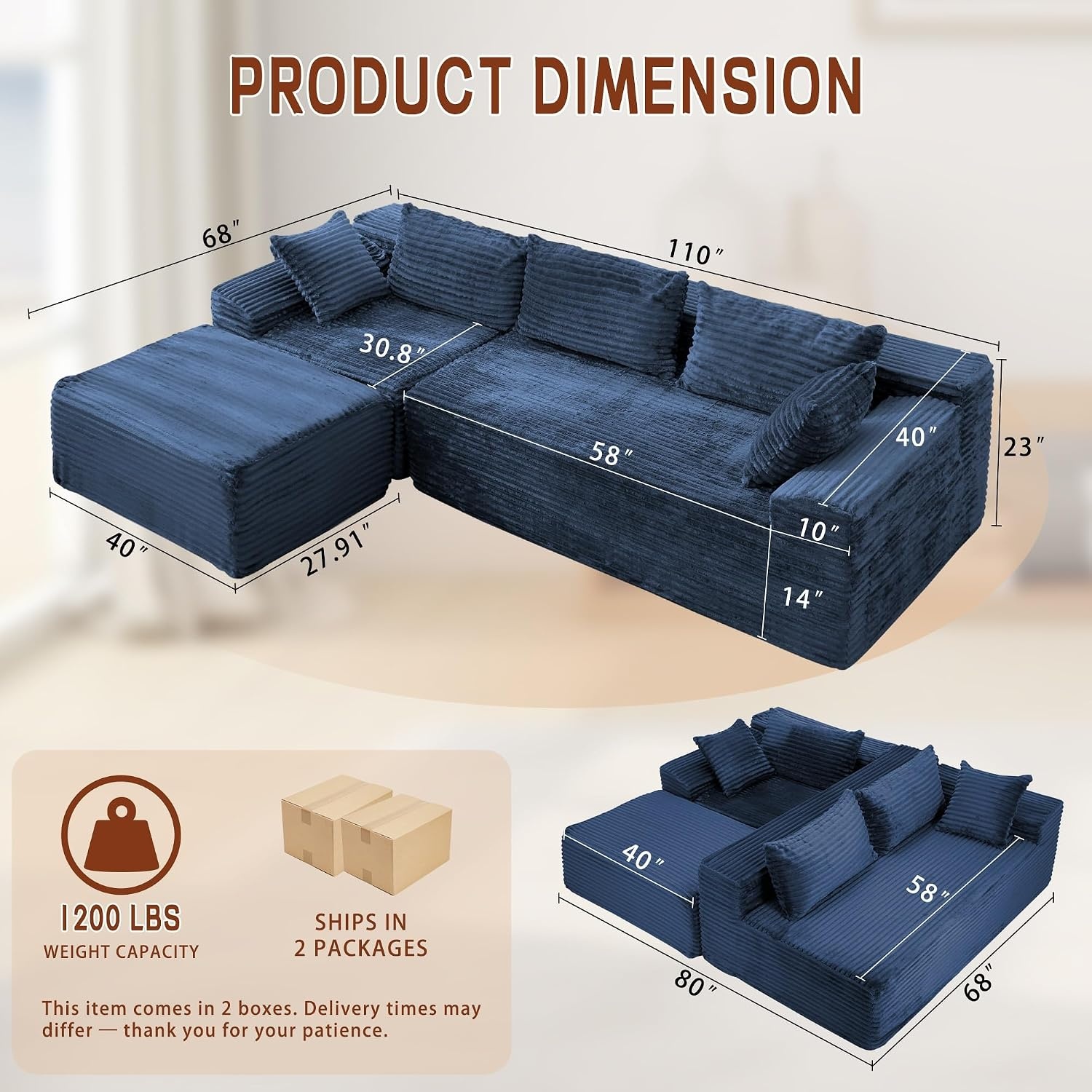 image:imageKorser 110 LShaped Modular Sectional Sofa with Chaise Boneless Comfy Corduroy Fluffy Couch with Deep Seat and Side Pockets Flexible Module Combination for Living Room No Assembly Side PocketsBlue