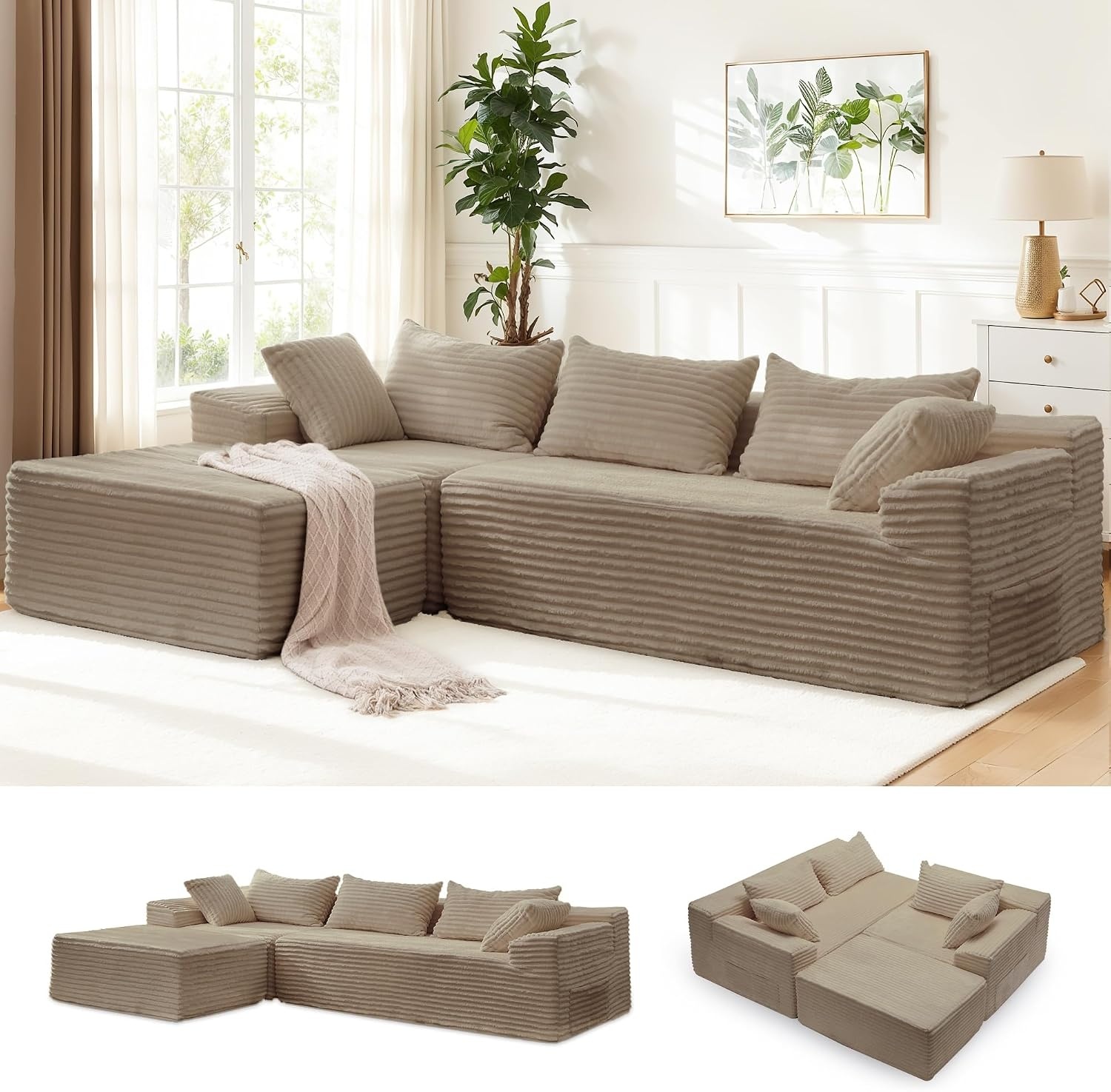 image:imageKorser 110 LShaped Modular Sectional Sofa with Chaise Boneless Comfy Corduroy Fluffy Couch with Deep Seat and Side Pockets Flexible Module Combination for Living Room No Assembly Side PocketsKhaki