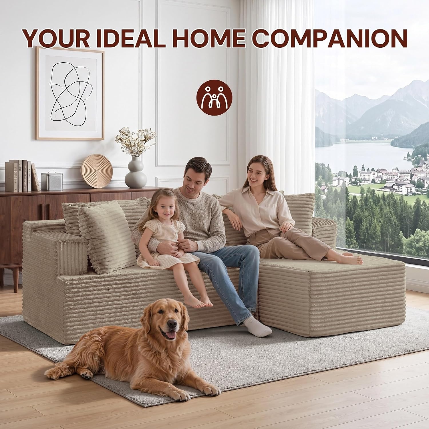 image:imageKorser 110 LShaped Modular Sectional Sofa with Chaise Boneless Comfy Corduroy Fluffy Couch with Deep Seat and Side Pockets Flexible Module Combination for Living Room No Assembly Side PocketsKhaki