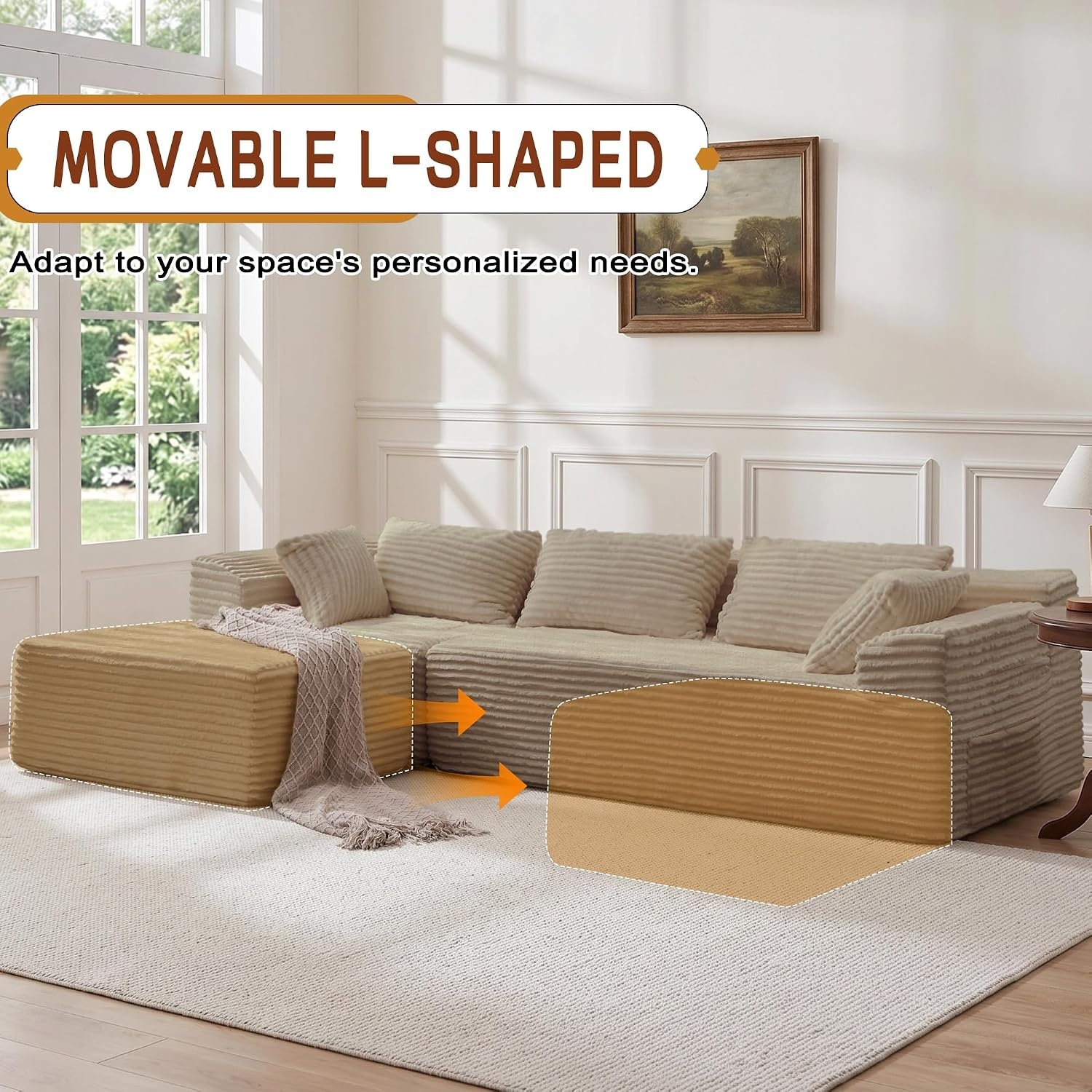 image:imageKorser 110 LShaped Modular Sectional Sofa with Chaise Boneless Comfy Corduroy Fluffy Couch with Deep Seat and Side Pockets Flexible Module Combination for Living Room No Assembly Side PocketsKhaki
