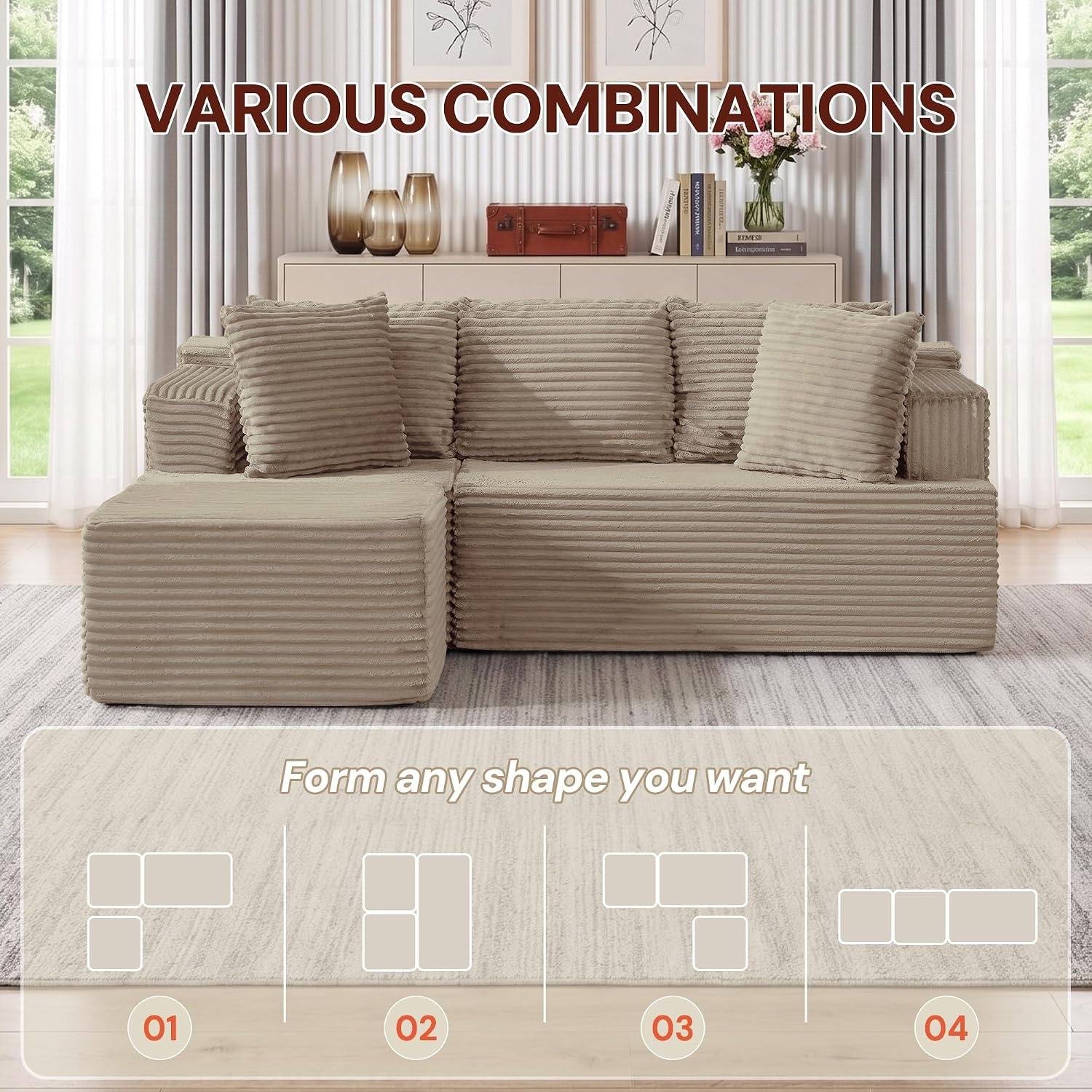 image:imageKorser 110 LShaped Modular Sectional Sofa with Chaise Boneless Comfy Corduroy Fluffy Couch with Deep Seat and Side Pockets Flexible Module Combination for Living Room No Assembly Side PocketsKhaki