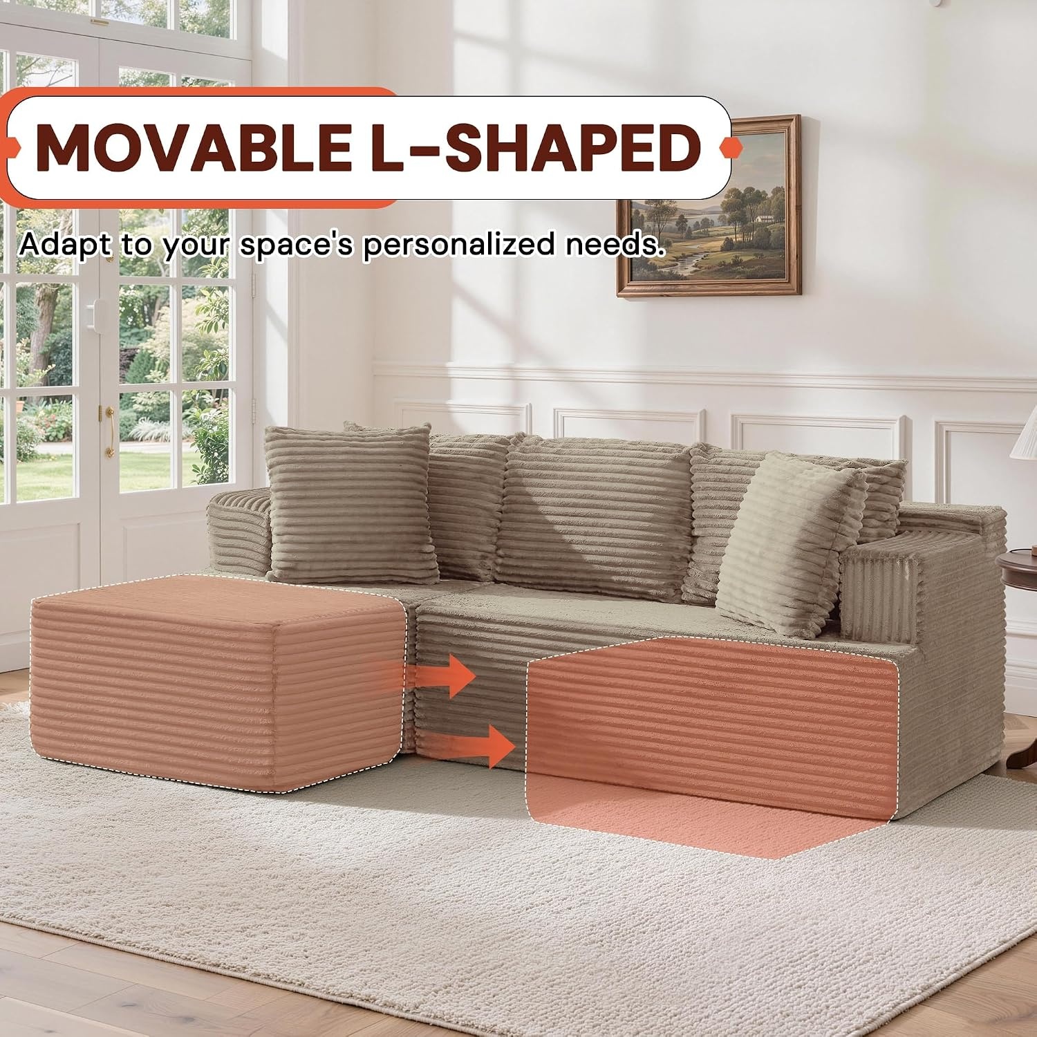 image:imageKorser 110 LShaped Modular Sectional Sofa with Chaise Boneless Comfy Corduroy Fluffy Couch with Deep Seat and Side Pockets Flexible Module Combination for Living Room No Assembly Side PocketsKhaki