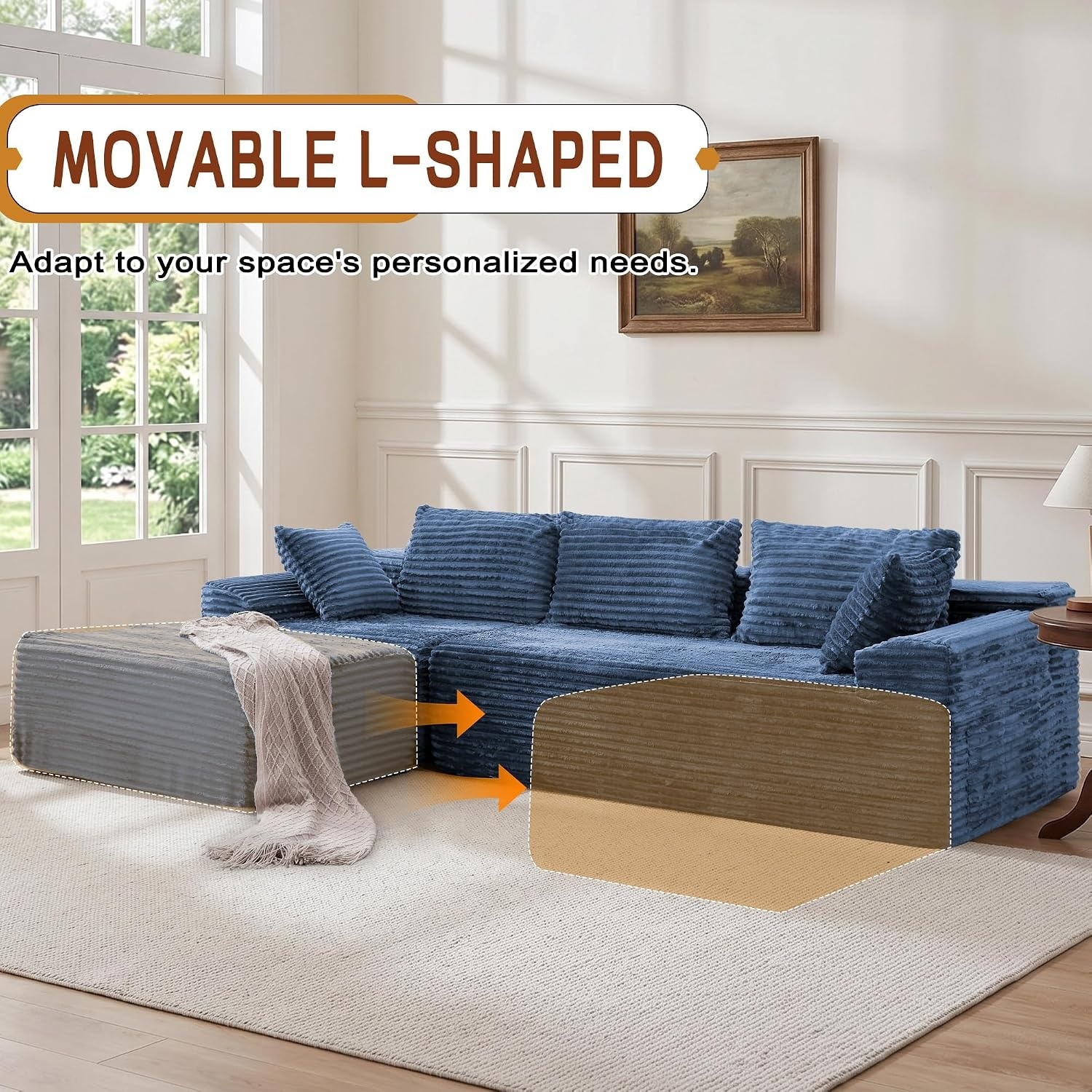 image:imageKorser 110 LShaped Modular Sectional Sofa with Chaise Boneless Comfy Corduroy Fluffy Couch with Deep Seat and Side Pockets Flexible Module Combination for Living Room No Assembly Side PocketsBlue