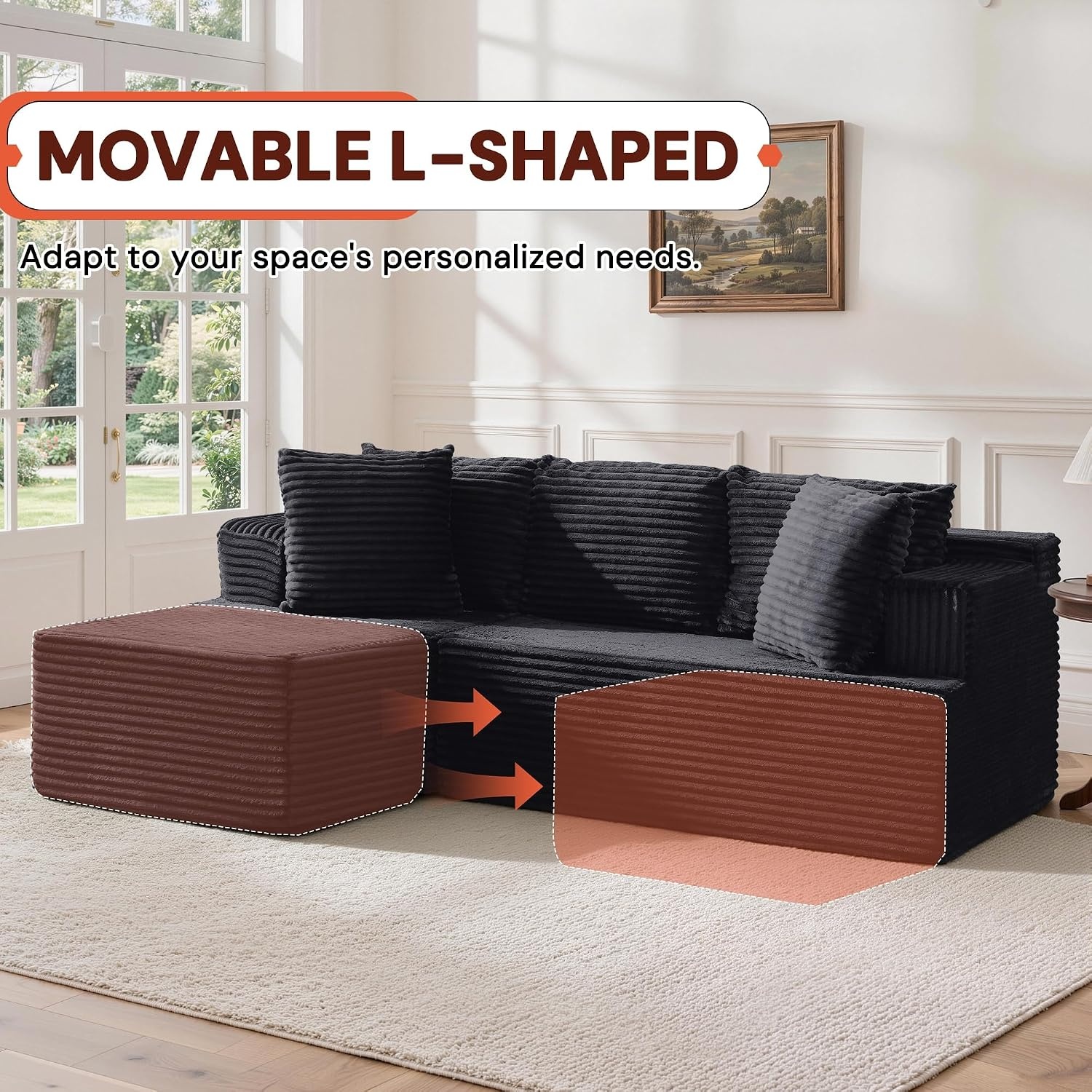 image:imageKorser 110 LShaped Modular Sectional Sofa with Chaise Boneless Comfy Corduroy Fluffy Couch with Deep Seat and Side Pockets Flexible Module Combination for Living Room No Assembly Side PocketsBlack