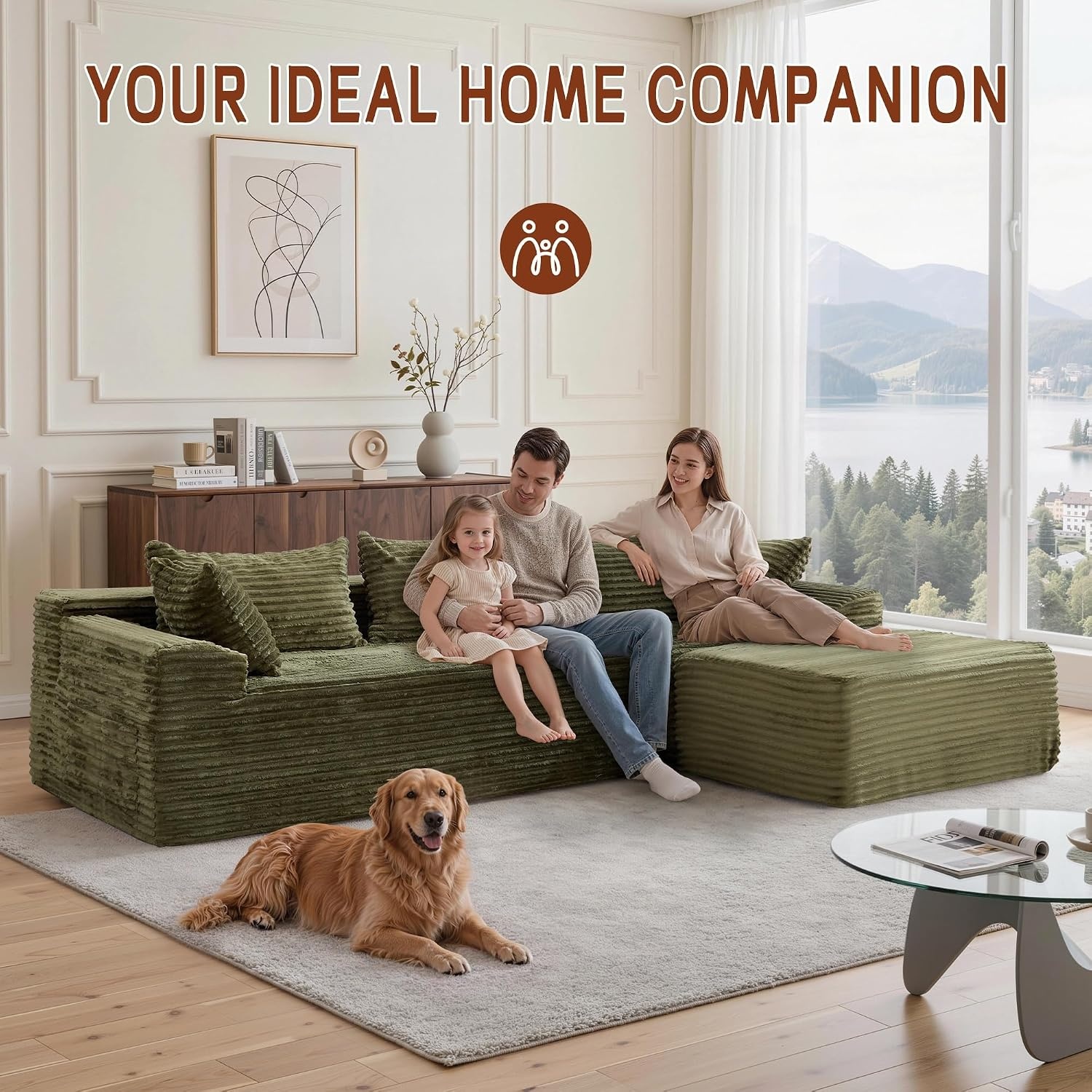 image:imageKorser 110 LShaped Modular Sectional Sofa with Chaise Boneless Comfy Corduroy Fluffy Couch with Deep Seat and Side Pockets Flexible Module Combination for Living Room No Assembly Side PocketsPeacock Green