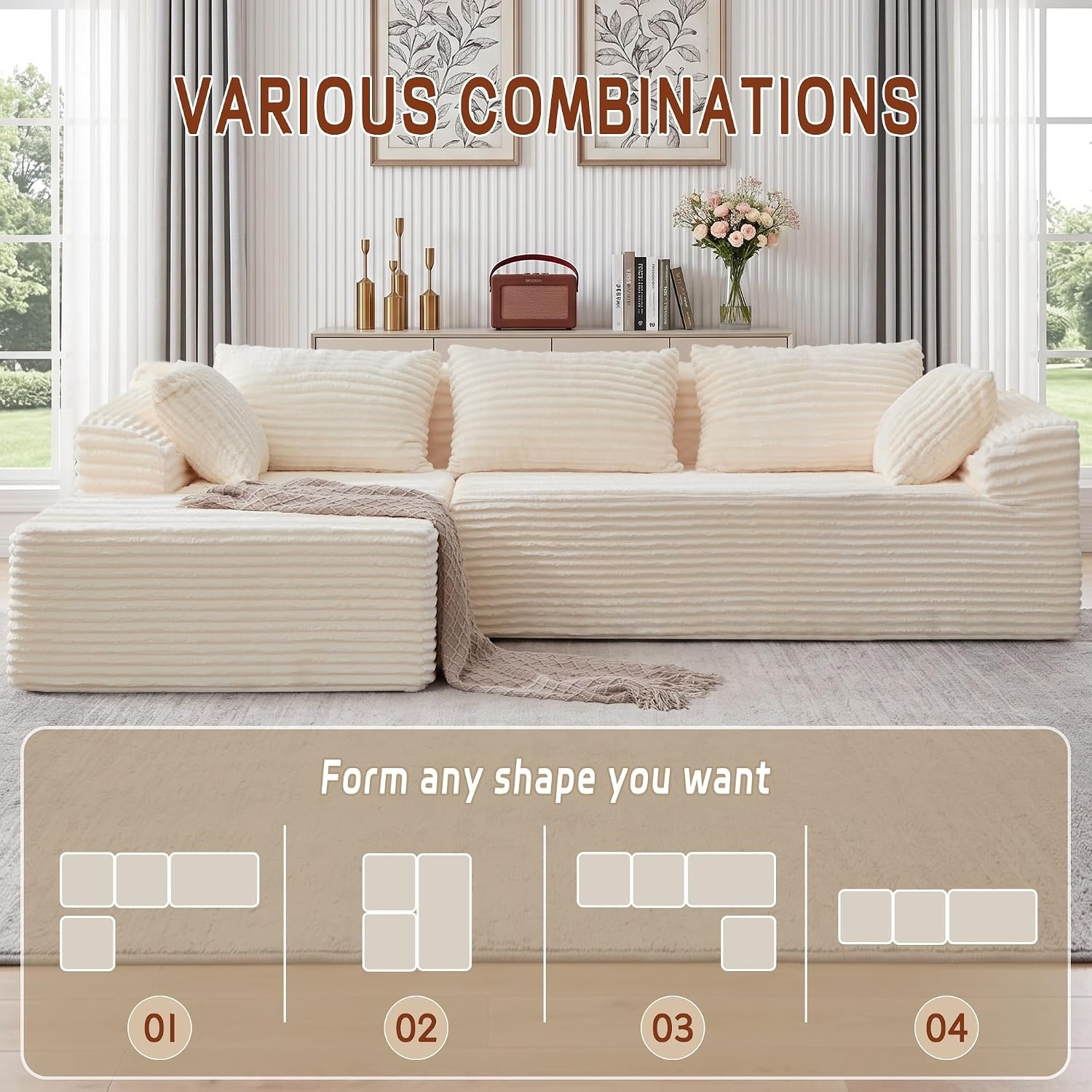 image:imageKorser 110 LShaped Modular Sectional Sofa with Chaise Boneless Comfy Corduroy Fluffy Couch with Deep Seat and Side Pockets Flexible Module Combination for Living Room No Assembly Side PocketsLvory