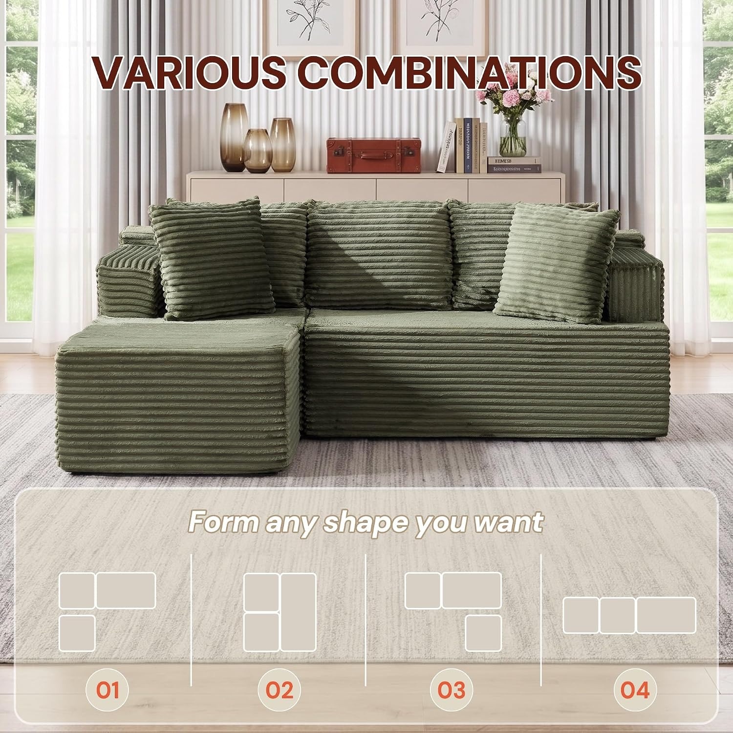 image:imageKorser 110 LShaped Modular Sectional Sofa with Chaise Boneless Comfy Corduroy Fluffy Couch with Deep Seat and Side Pockets Flexible Module Combination for Living Room No Assembly Side PocketsGreen