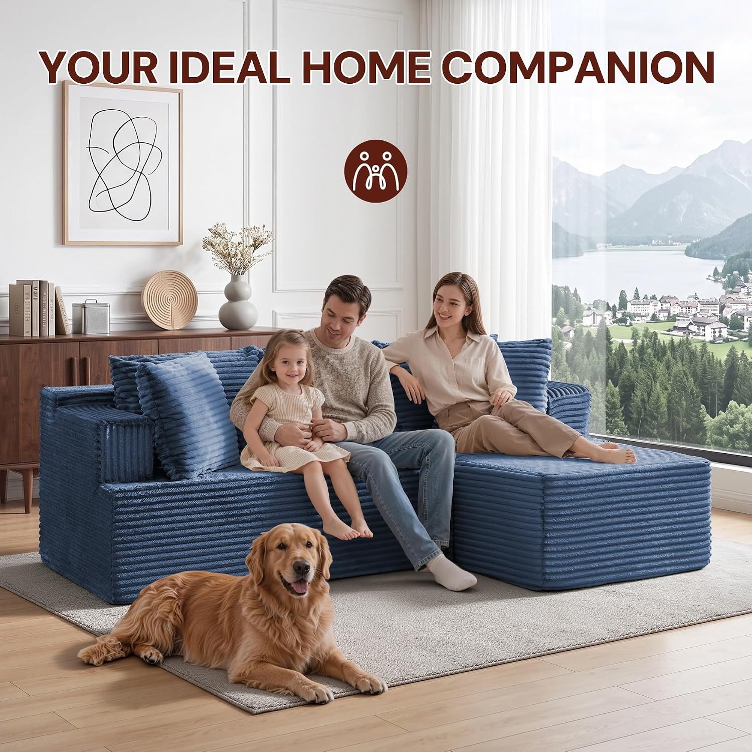 image:imageKorser 110 LShaped Modular Sectional Sofa with Chaise Boneless Comfy Corduroy Fluffy Couch with Deep Seat and Side Pockets Flexible Module Combination for Living Room No Assembly Side PocketsBlue