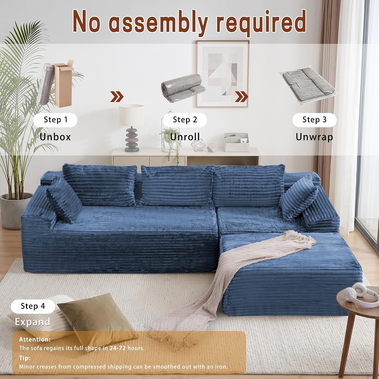 image:imageKorser 110 LShaped Modular Sectional Sofa with Chaise Boneless Comfy Corduroy Fluffy Couch with Deep Seat and Side Pockets Flexible Module Combination for Living Room No Assembly Side PocketsBlue