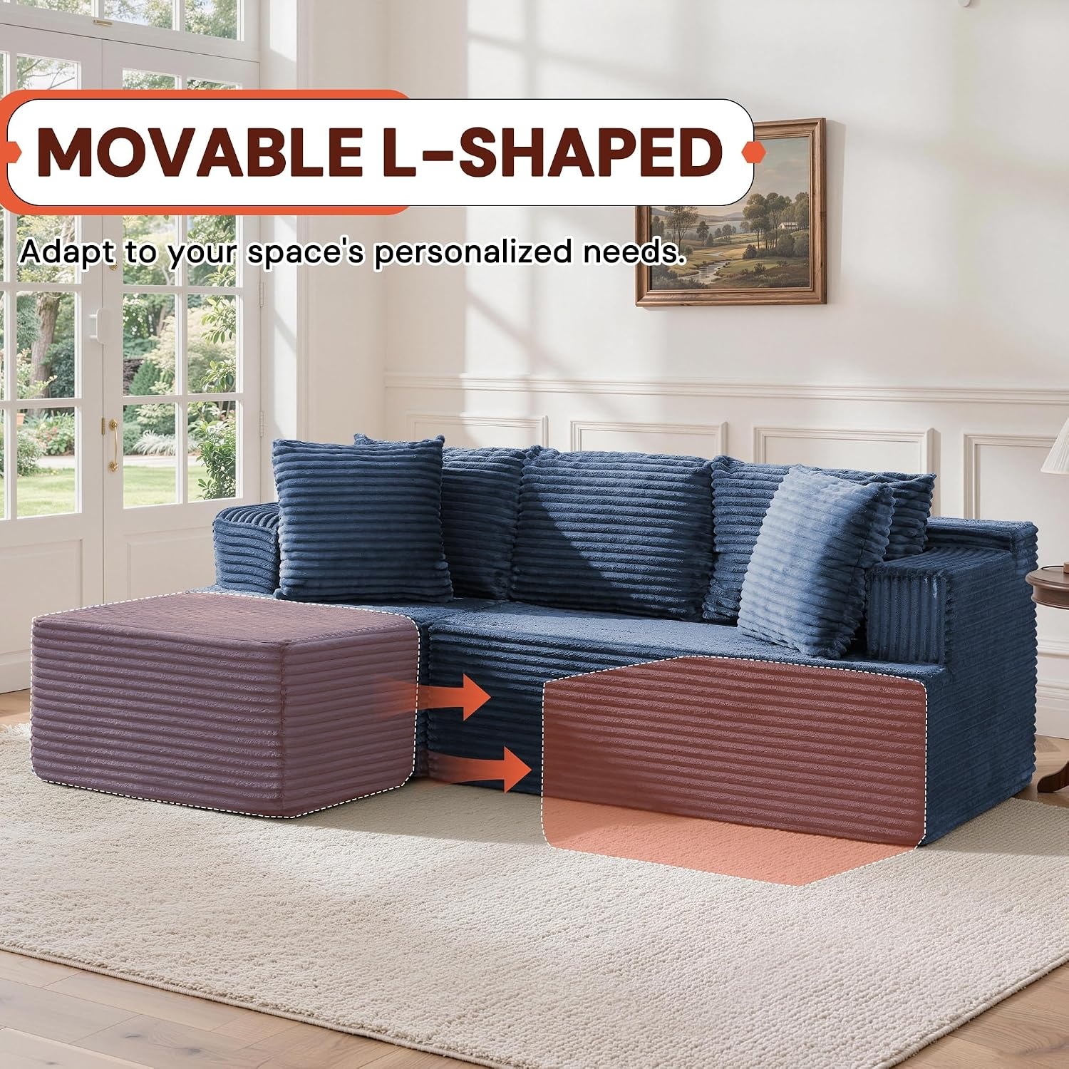 image:imageKorser 110 LShaped Modular Sectional Sofa with Chaise Boneless Comfy Corduroy Fluffy Couch with Deep Seat and Side Pockets Flexible Module Combination for Living Room No Assembly Side PocketsBlue