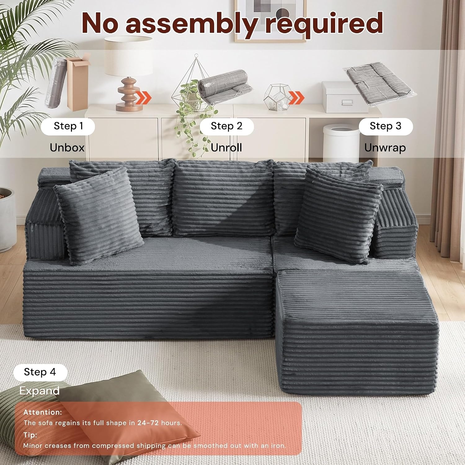image:imageKorser 110 LShaped Modular Sectional Sofa with Chaise Boneless Comfy Corduroy Fluffy Couch with Deep Seat and Side Pockets Flexible Module Combination for Living Room No Assembly Side PocketsGrey
