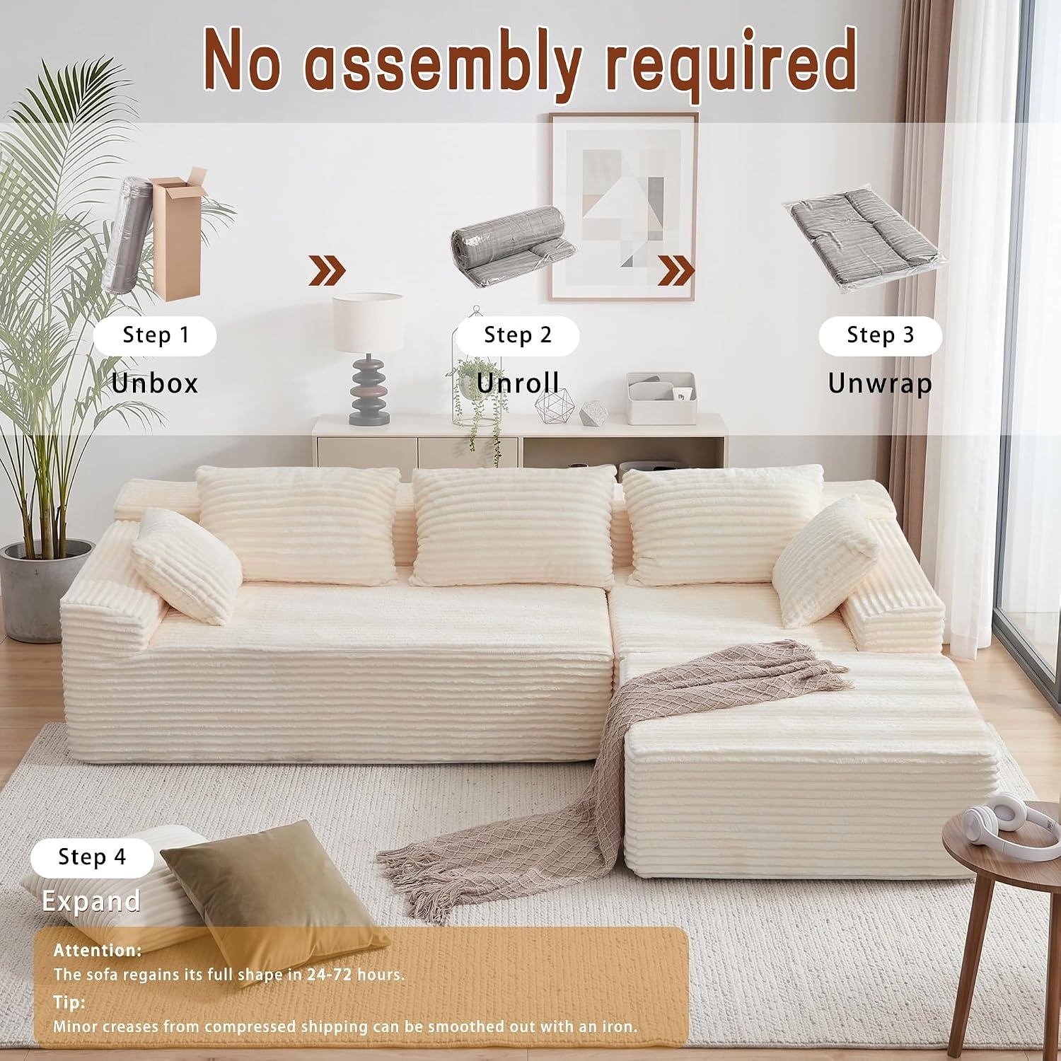 image:imageKorser 110 LShaped Modular Sectional Sofa with Chaise Boneless Comfy Corduroy Fluffy Couch with Deep Seat and Side Pockets Flexible Module Combination for Living Room No Assembly Side PocketsLvory