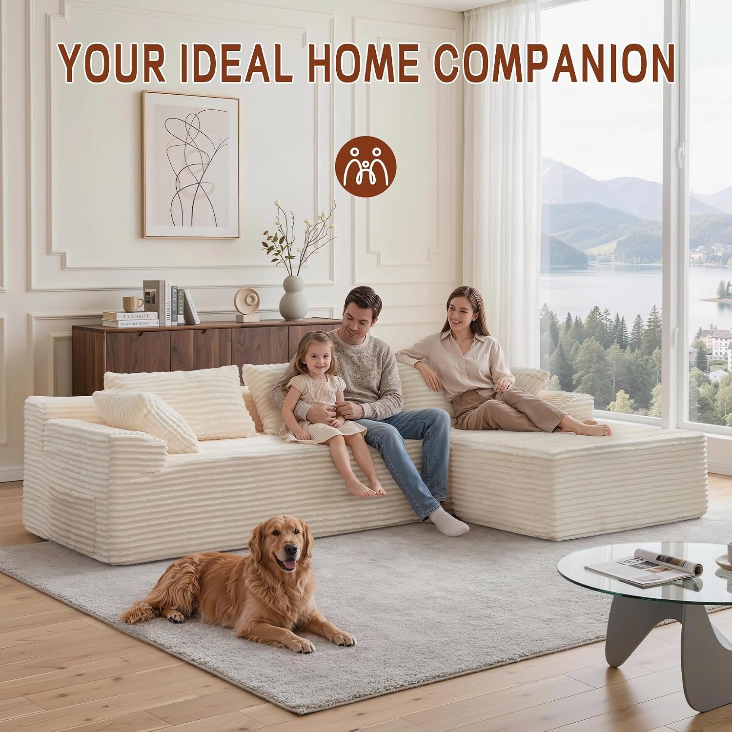 image:imageKorser 110 LShaped Modular Sectional Sofa with Chaise Boneless Comfy Corduroy Fluffy Couch with Deep Seat and Side Pockets Flexible Module Combination for Living Room No Assembly Side PocketsLvory