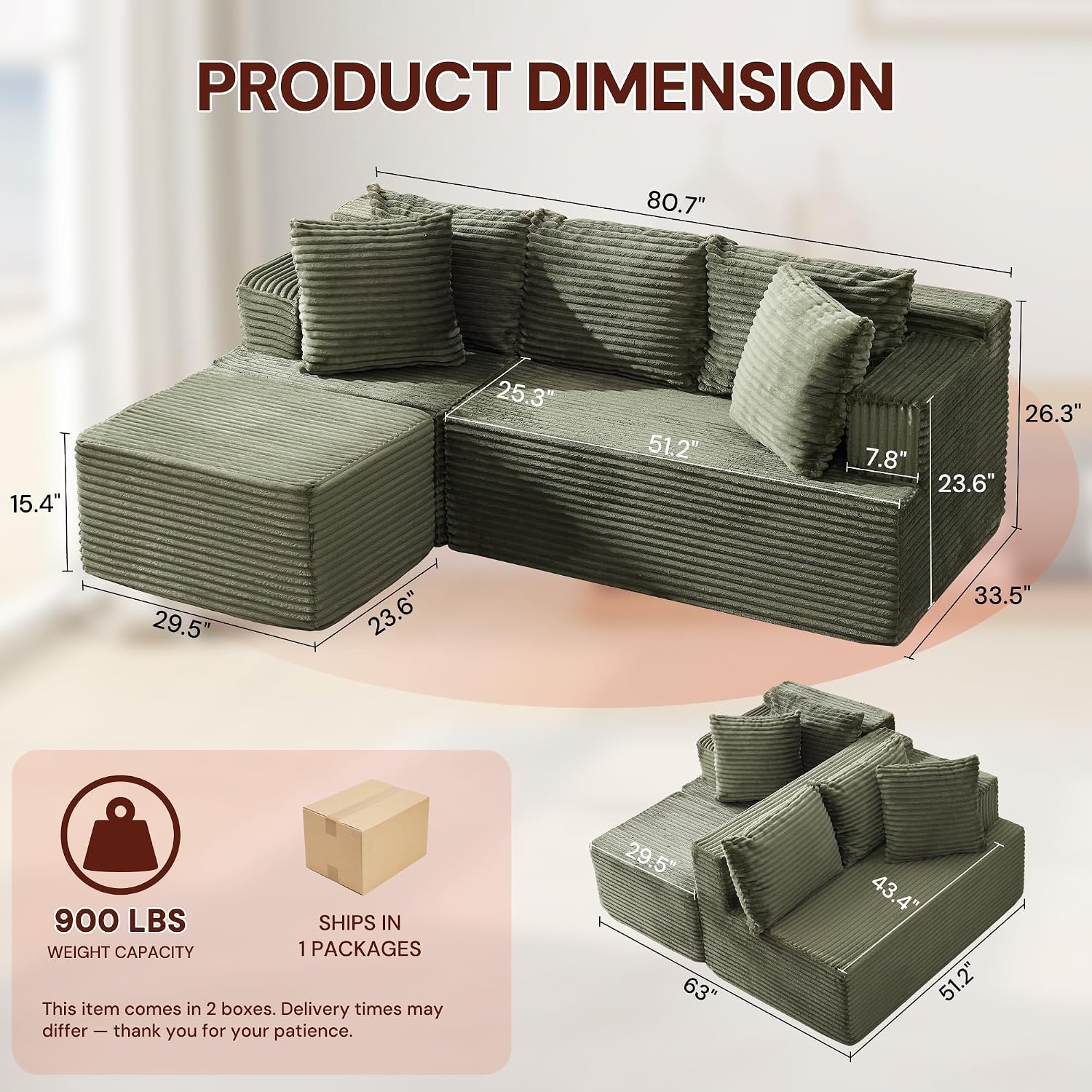 image:imageKorser 110 LShaped Modular Sectional Sofa with Chaise Boneless Comfy Corduroy Fluffy Couch with Deep Seat and Side Pockets Flexible Module Combination for Living Room No Assembly Side PocketsGreen
