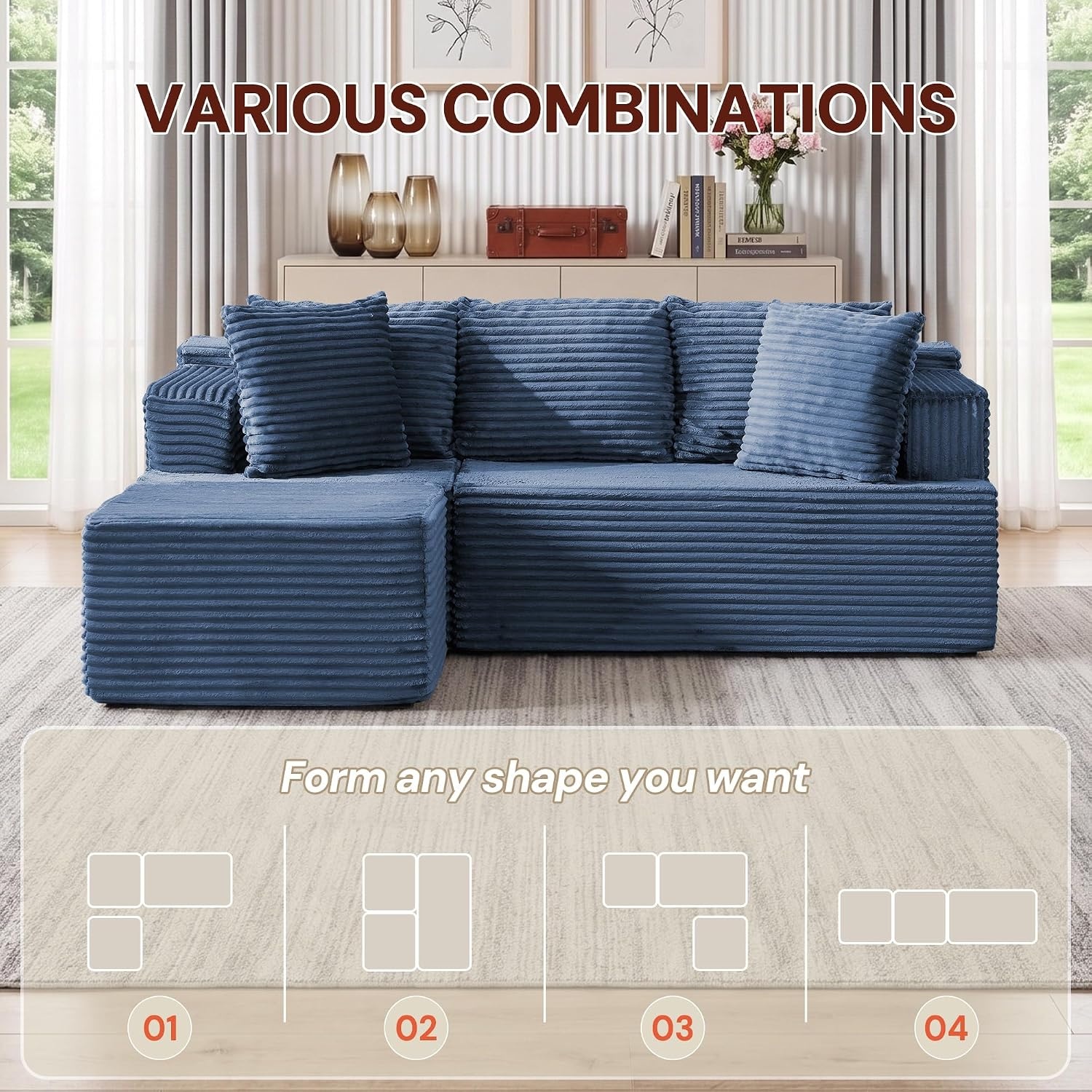 image:imageKorser 110 LShaped Modular Sectional Sofa with Chaise Boneless Comfy Corduroy Fluffy Couch with Deep Seat and Side Pockets Flexible Module Combination for Living Room No Assembly Side PocketsBlue